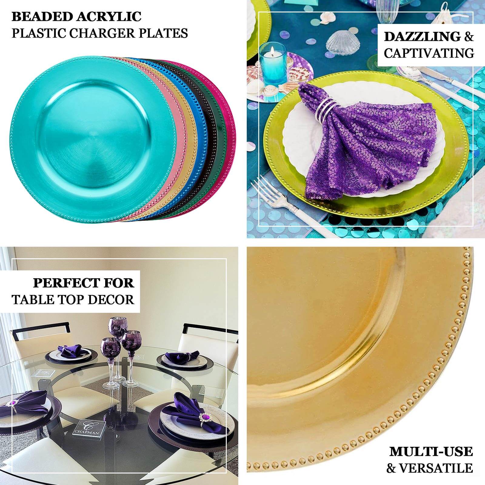 6-Pack Acrylic Charger Plates 13" Round Black Beaded Rim - Dinner Charger Tabletop Decor - Image 4