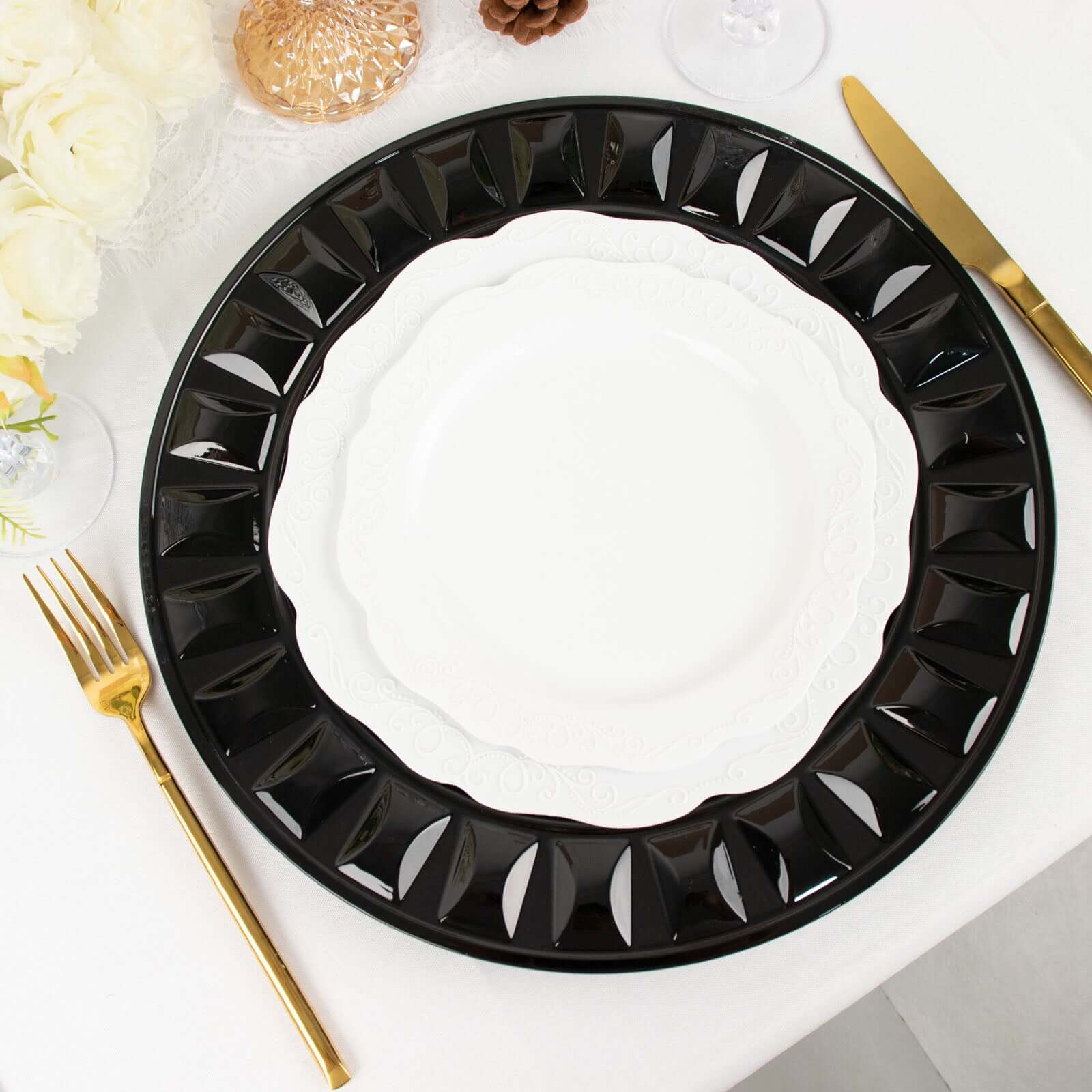 6-Pack Plastic Charger Plates 13" Round Black Bejeweled Rim - Dinner Charger Tableware - Image 5