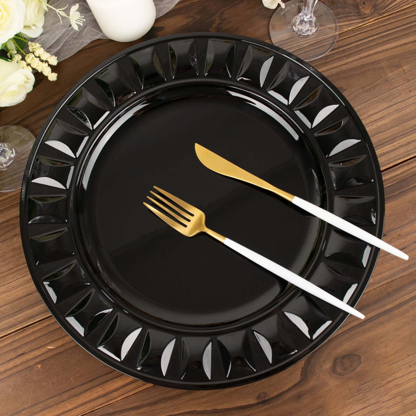 6-Pack Plastic Charger Plates 13" Round Black Bejeweled Rim - Dinner Charger Tableware - Image 9