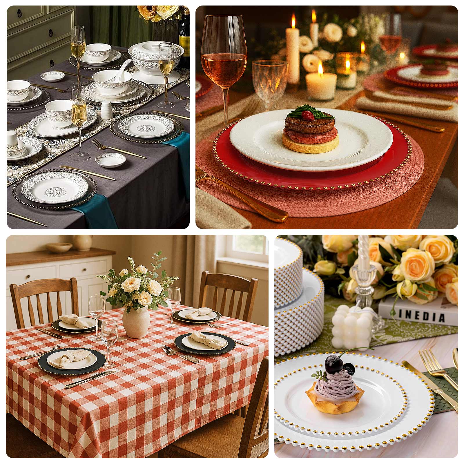 10-Pack Economy Plastic Charger Plates 13" Round Black with Gold Beaded Rim - Stylish Dinner Party Serving Plates - Image 5