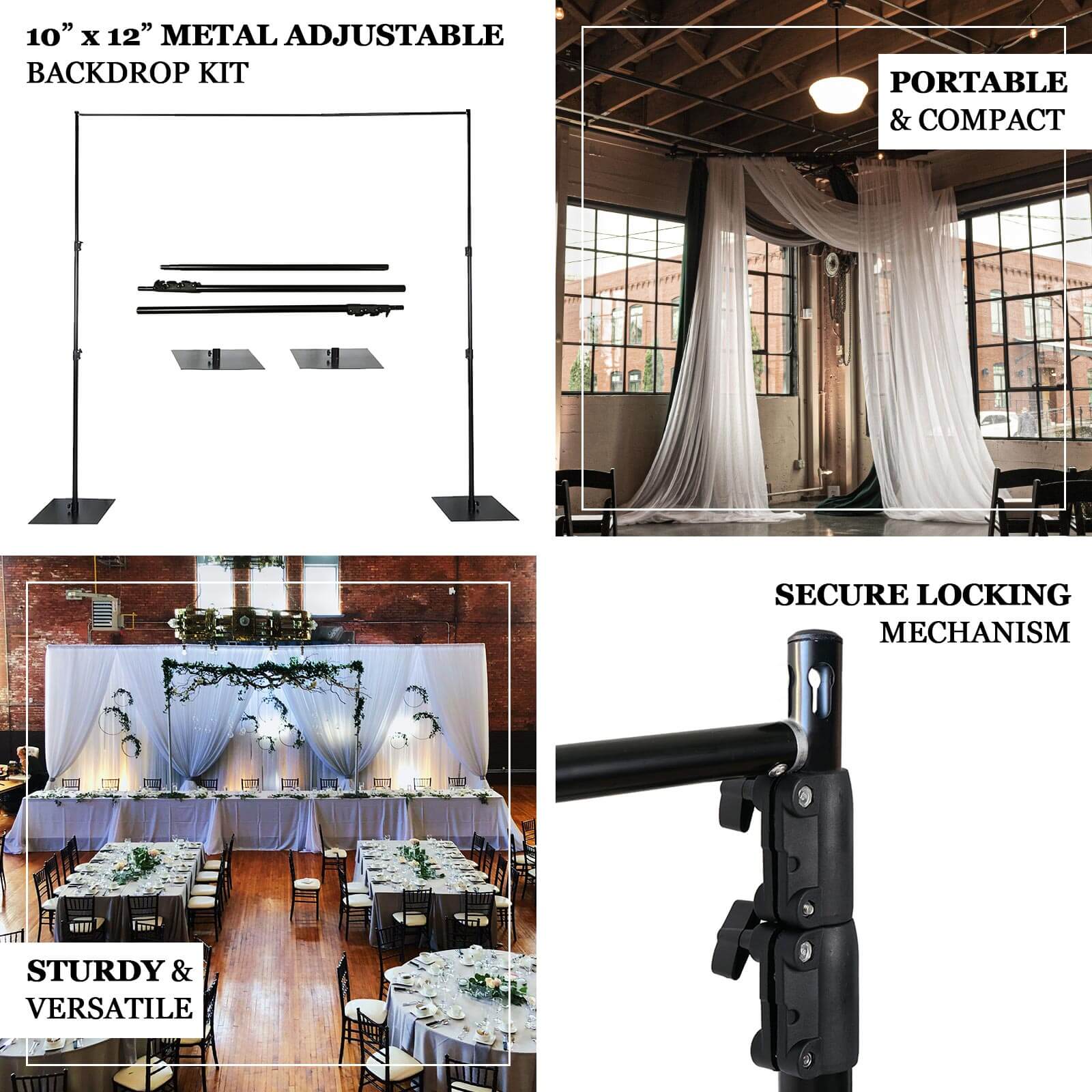 Black Heavy Duty Metal DIY Adjustable Backdrop Stand, Pipe and Drape Photography Background Stand with Flat Steel Bases - 10ftx12ft - Image 4