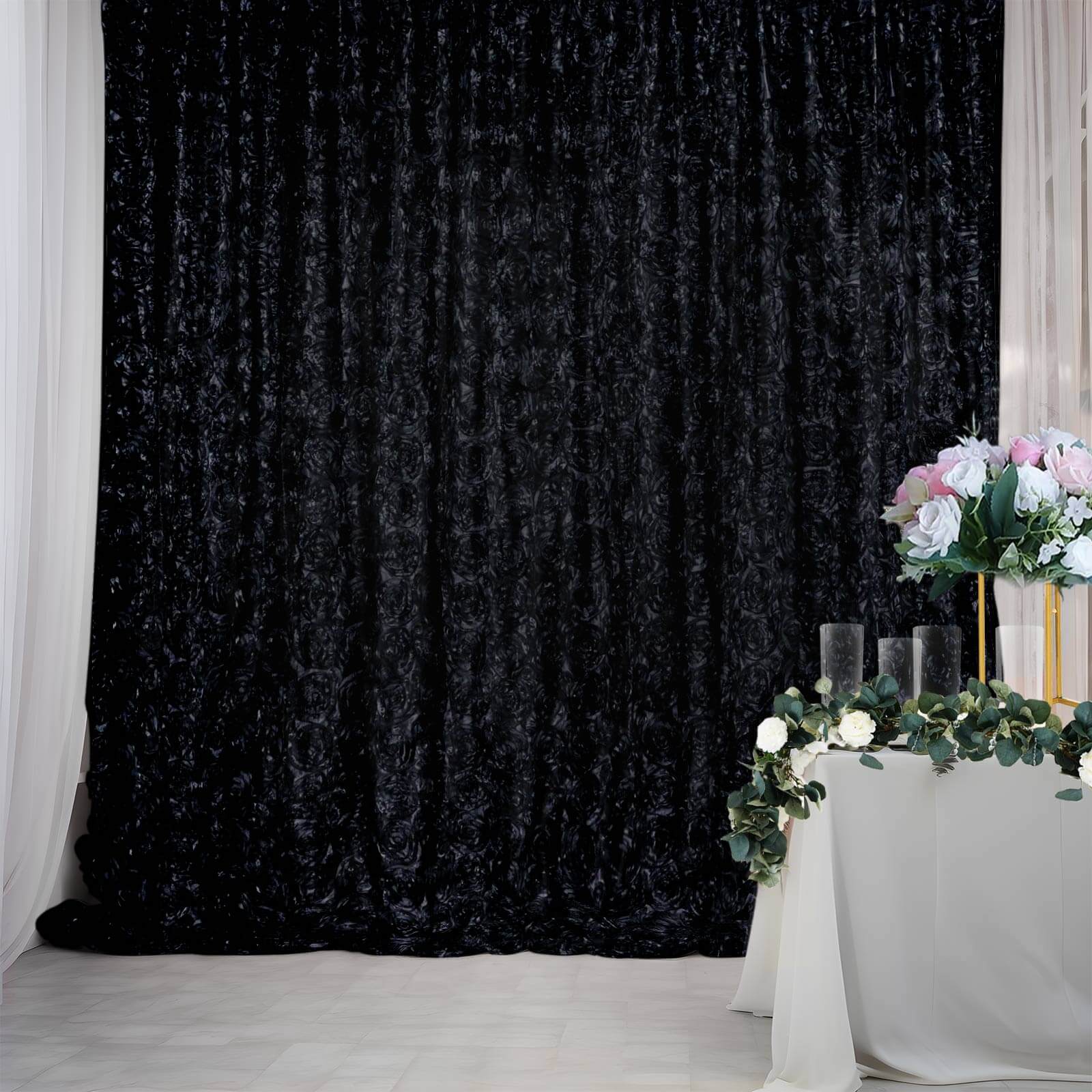 Black Satin Rosette Backdrop Drape Curtain, Photo Booth Event Divider Panel - 8ftx8ft - Image 6