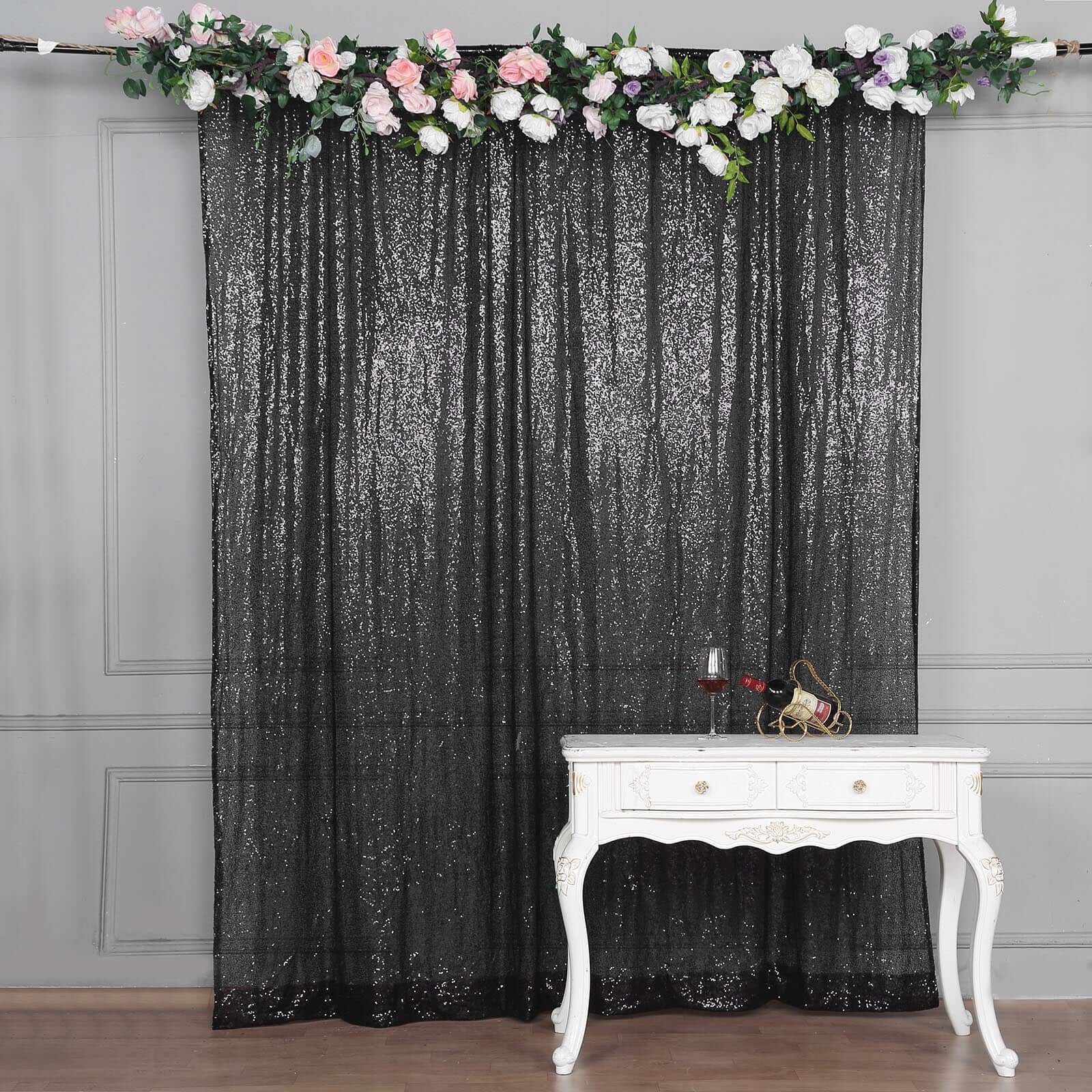 Black Sequin Backdrop Drape Curtain, Photo Booth Event Divider Panel - 8ftx8ft