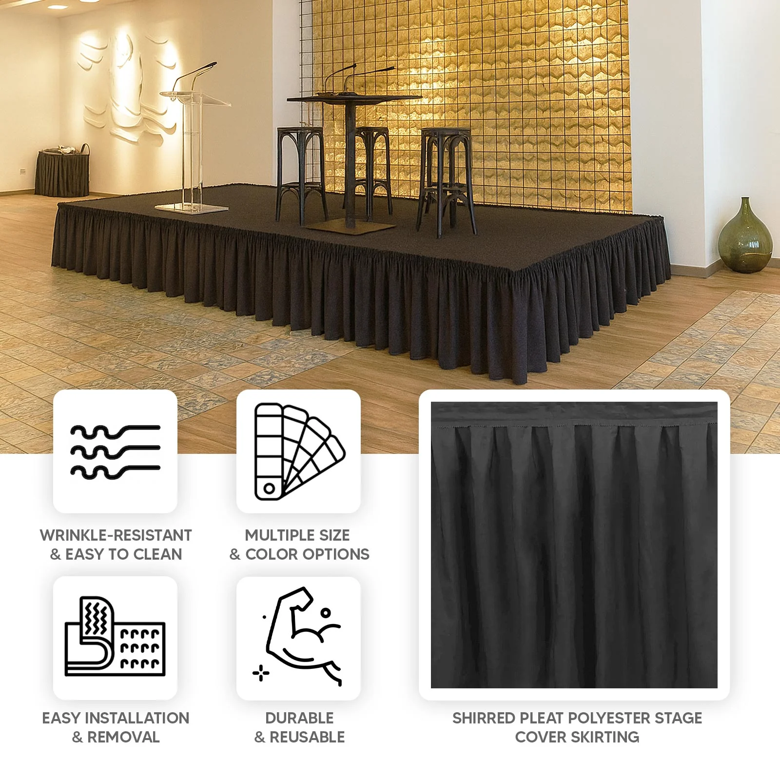 Portable Stage Skirting Polyester Shirred Pleat Stage Cover for Wedding Platform Black - 48"x20ft - Image 4