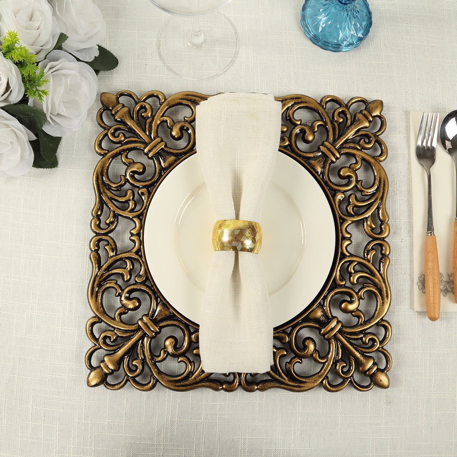 6-Pack Acrylic Charger Plates 12" Square Black with Antique Gold Hollow Lace Border - Event Tabletop Decorative Charger Tableware - Image 2