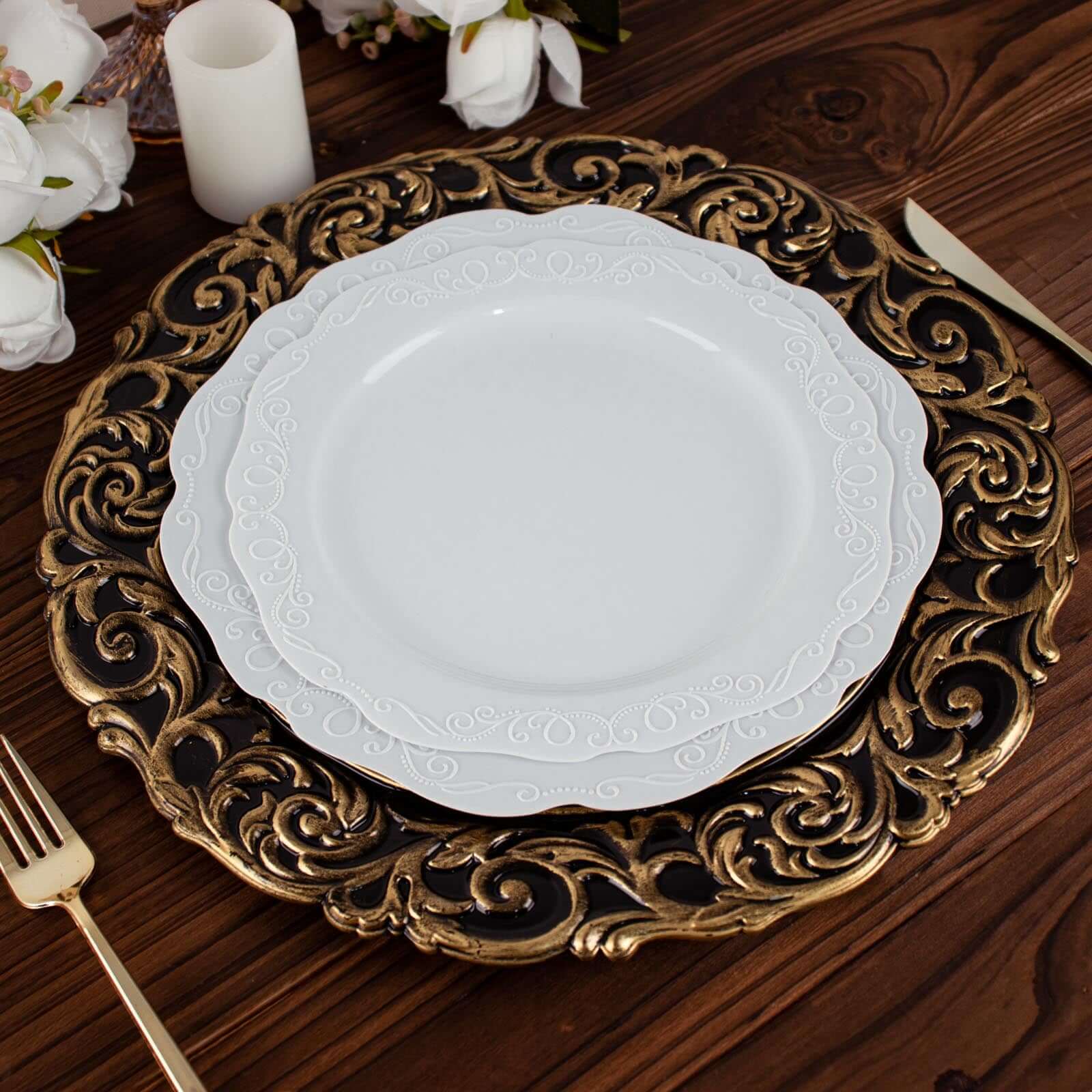 6-Pack Acrylic Charger Plates 14" Round Black Gold with Engraved Baroque Rim - Vintage Disposable Decorative Chargers - Image 2