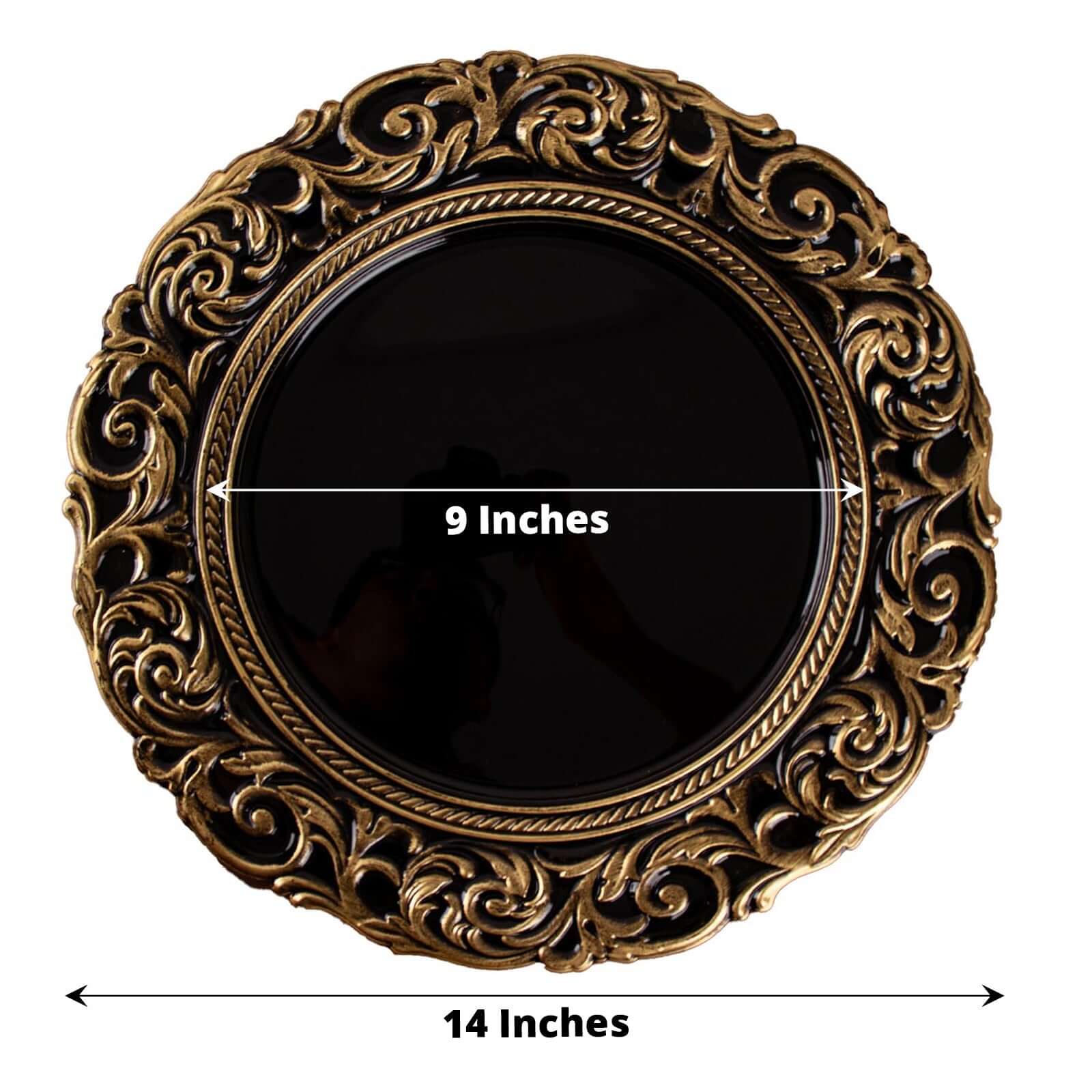 6-Pack Acrylic Charger Plates 14" Round Black Gold with Engraved Baroque Rim - Vintage Disposable Decorative Chargers - Image 3