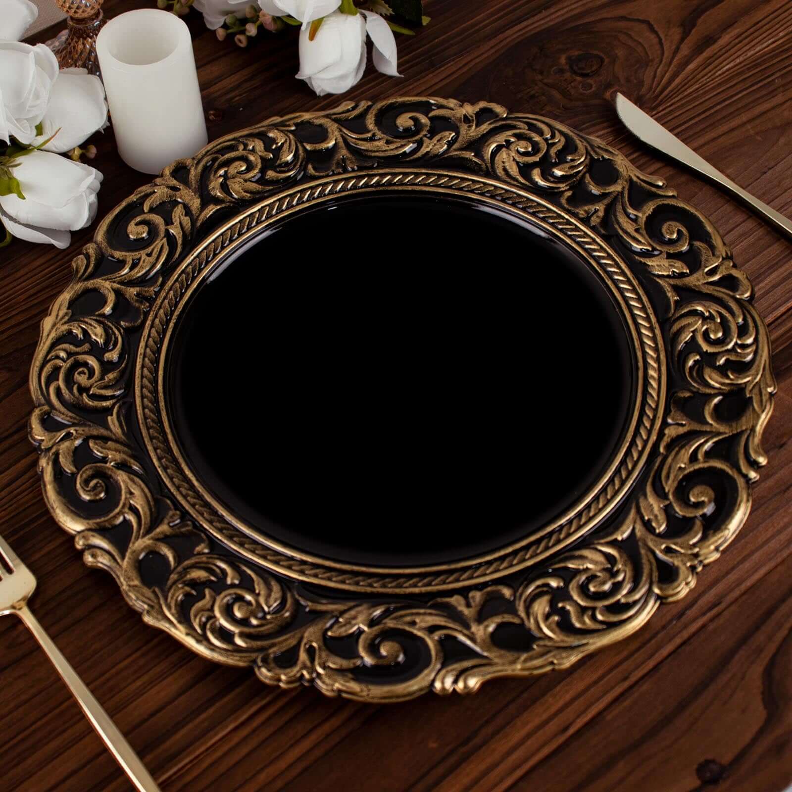 6-Pack Acrylic Charger Plates 14" Round Black Gold with Engraved Baroque Rim - Vintage Disposable Decorative Chargers - Image 6