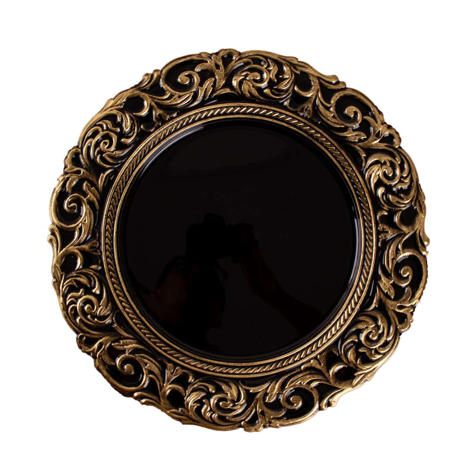 6-Pack Acrylic Charger Plates 14" Round Black Gold with Engraved Baroque Rim - Vintage Disposable Decorative Chargers - Image 7