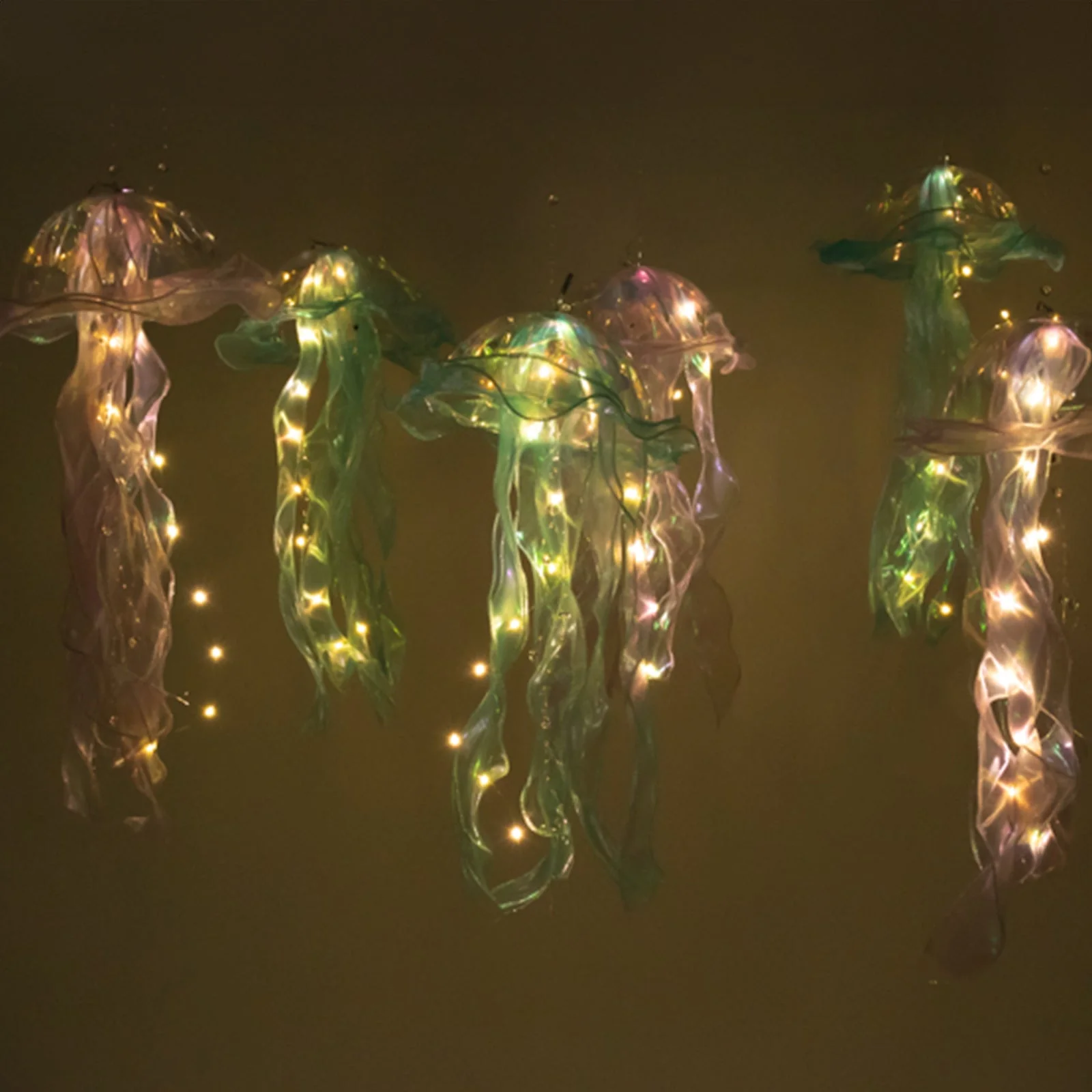 6 Pack Blue Purple Jelly Fish LED Lantern Hanging Lights, 3 Flashing Modes Organza Ribbon Jellyfish Lamp Mermaid Theme Party Decor - 17" - Image 5