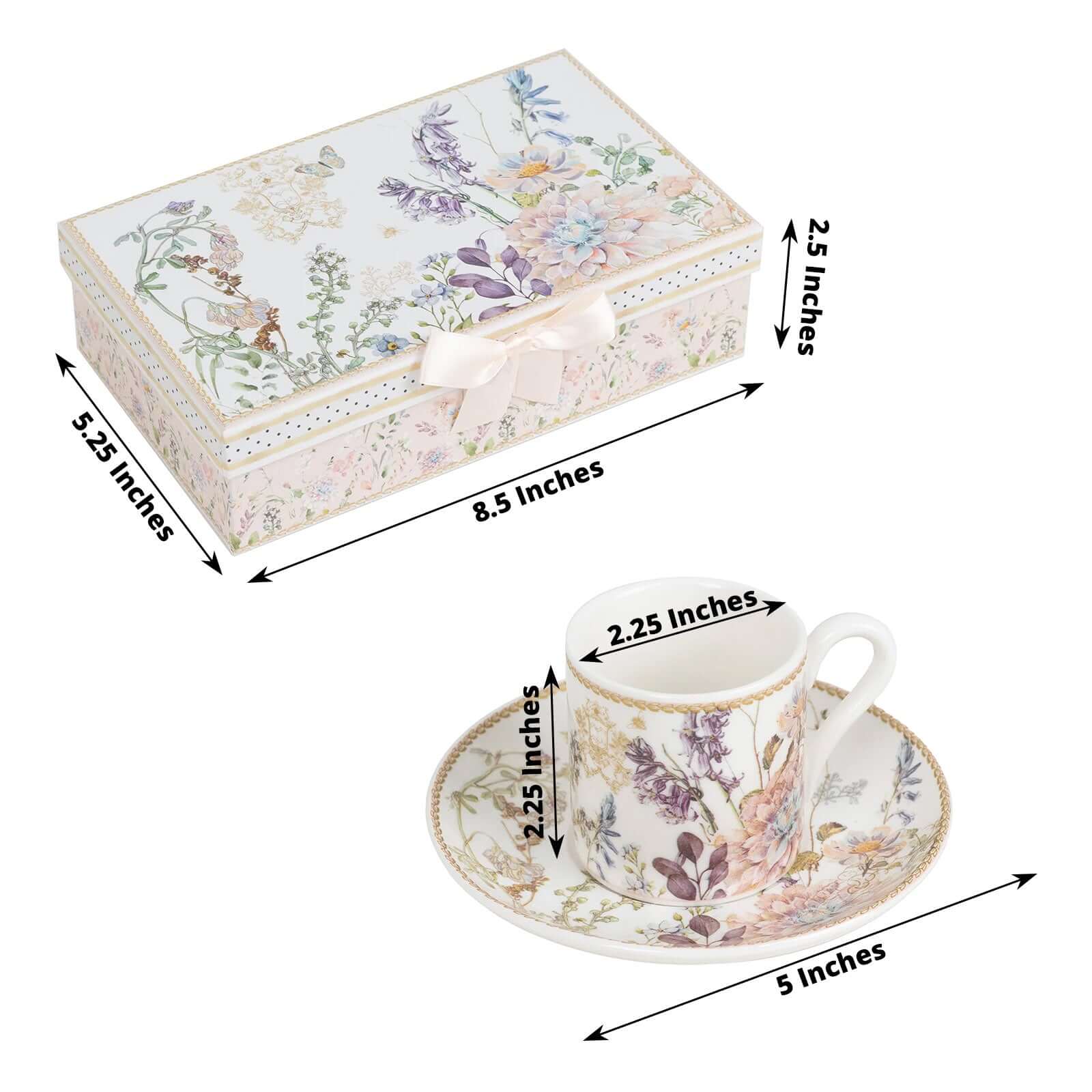 Blush Floral Design Bridal Shower Gift Set, Set of 2 Porcelain Espresso Cups and Saucers with Matching Gift Box - Image 3