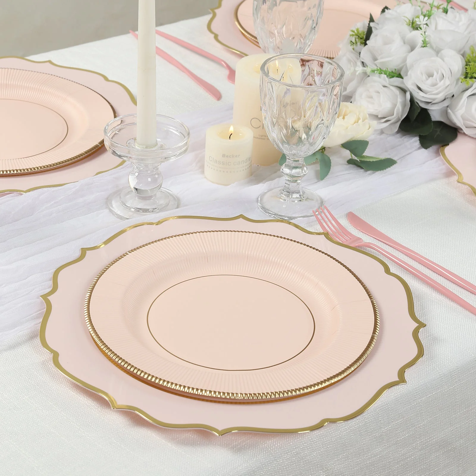 25-Pack Paper Round Dinner Plates 10" Blush Sunray Design with Gold Rim - 350GSM Heavy Duty Disposable Party Plates