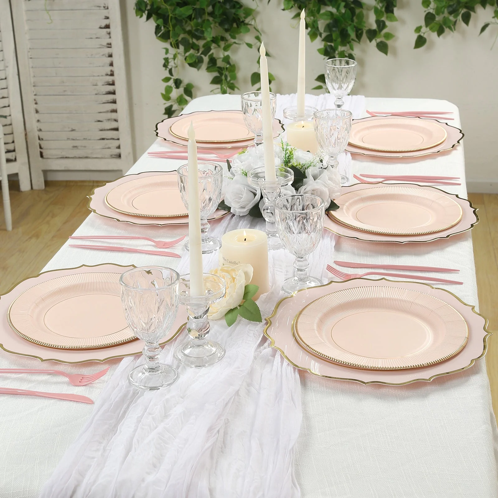 25-Pack Paper Round Dinner Plates 10" Blush Sunray Design with Gold Rim - 350GSM Heavy Duty Disposable Party Plates - Image 8