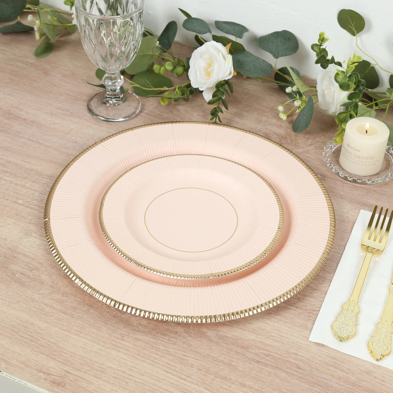 25-Pack Disposable Round Charger Plates 13" Blush Sunray Design with Gold Rim - 350GSM Heavy Duty Paper Placemats - Image 7
