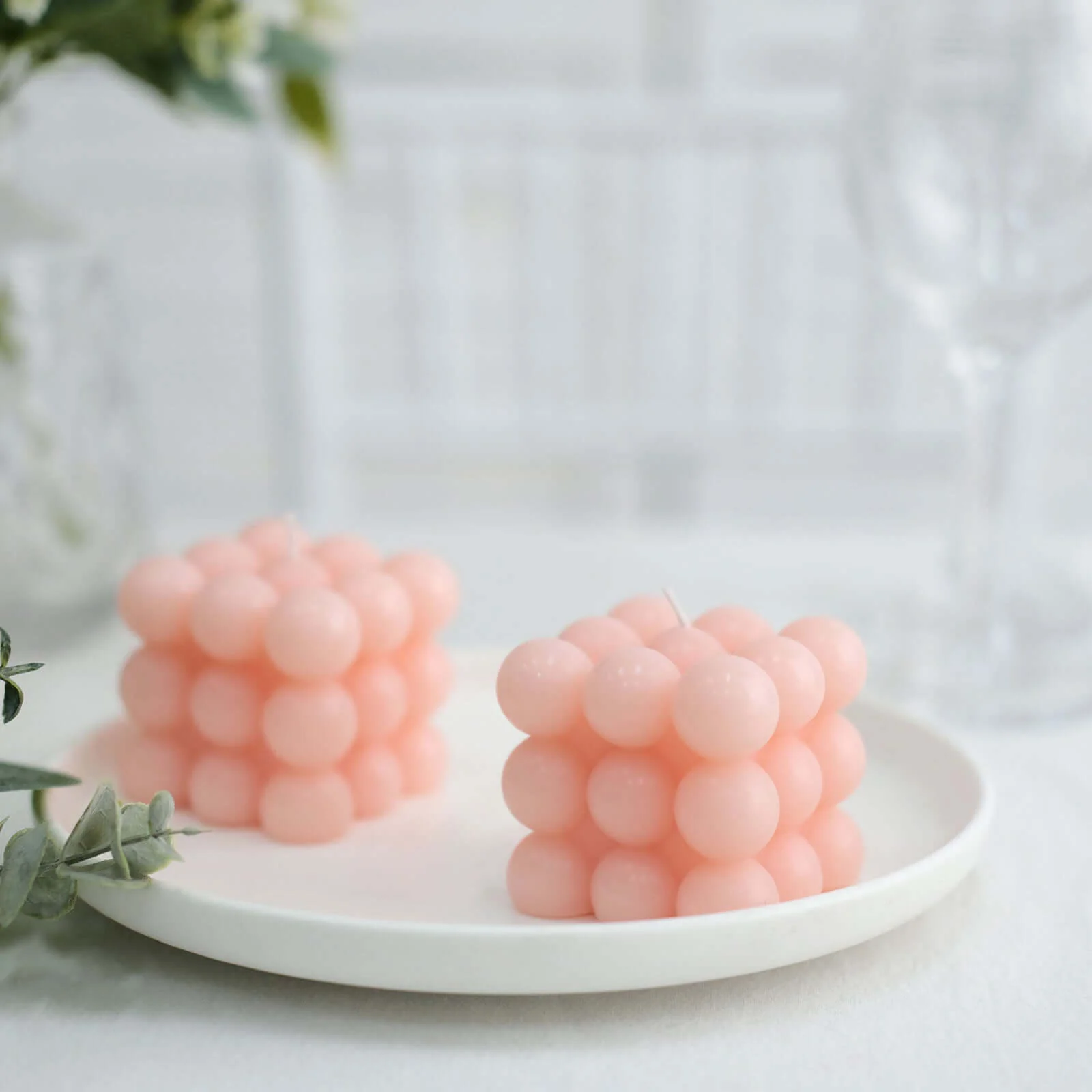 2-Pack Decorative Paraffin Wax Candles 2" Bubble Cube Design Blush - Unscented Long Burning Pillar Candle Set - Image 10