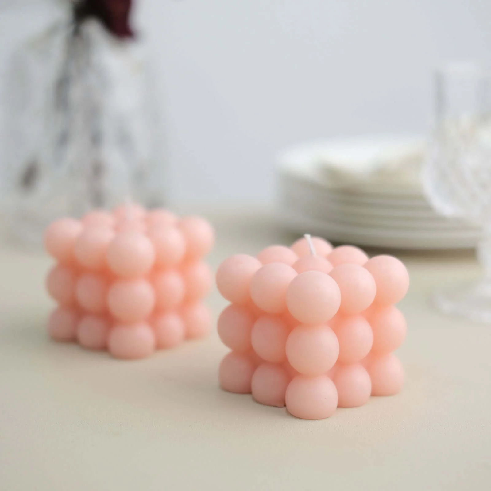 2-Pack Decorative Paraffin Wax Candles 2" Bubble Cube Design Blush - Unscented Long Burning Pillar Candle Set - Image 11
