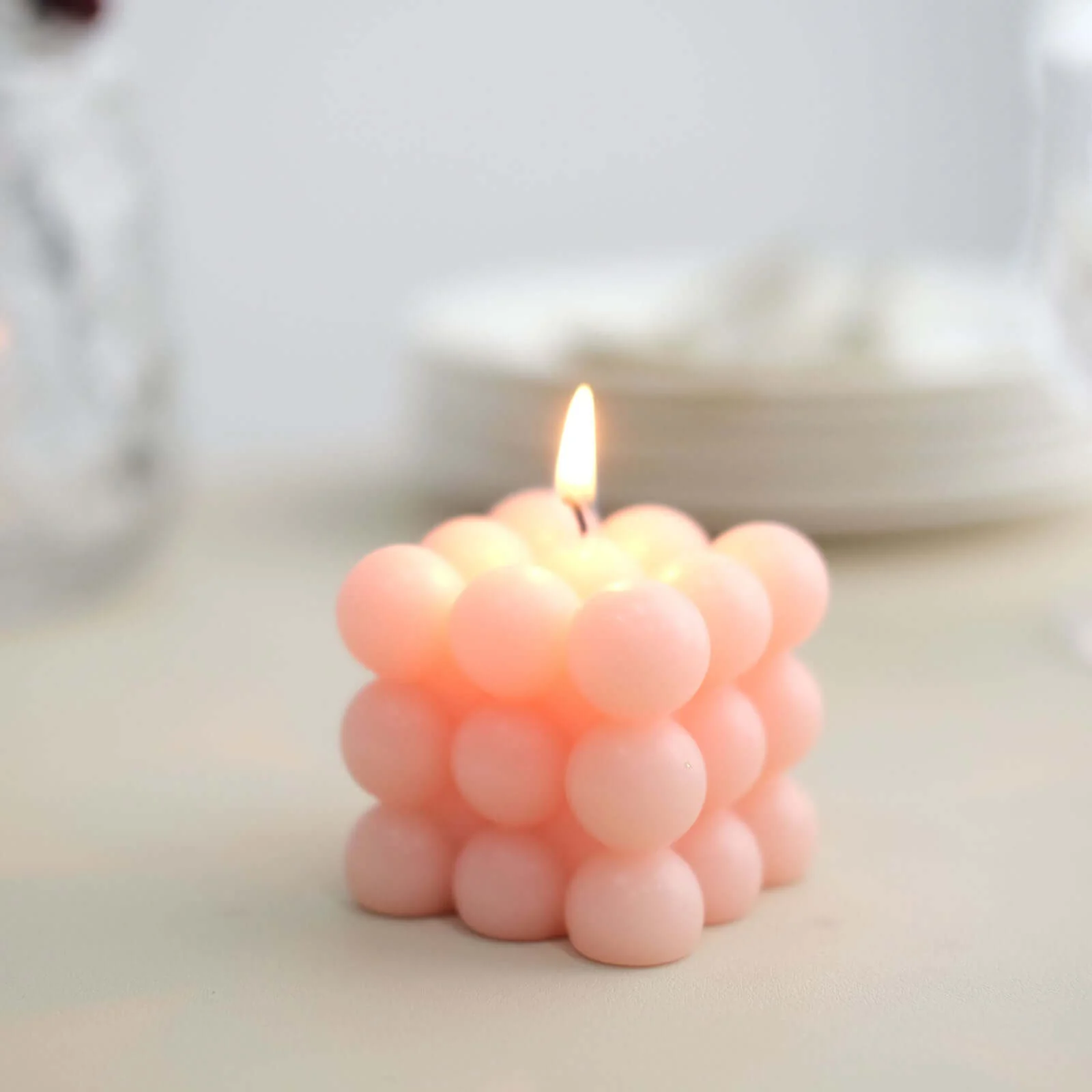 2-Pack Decorative Paraffin Wax Candles 2" Bubble Cube Design Blush - Unscented Long Burning Pillar Candle Set - Image 12