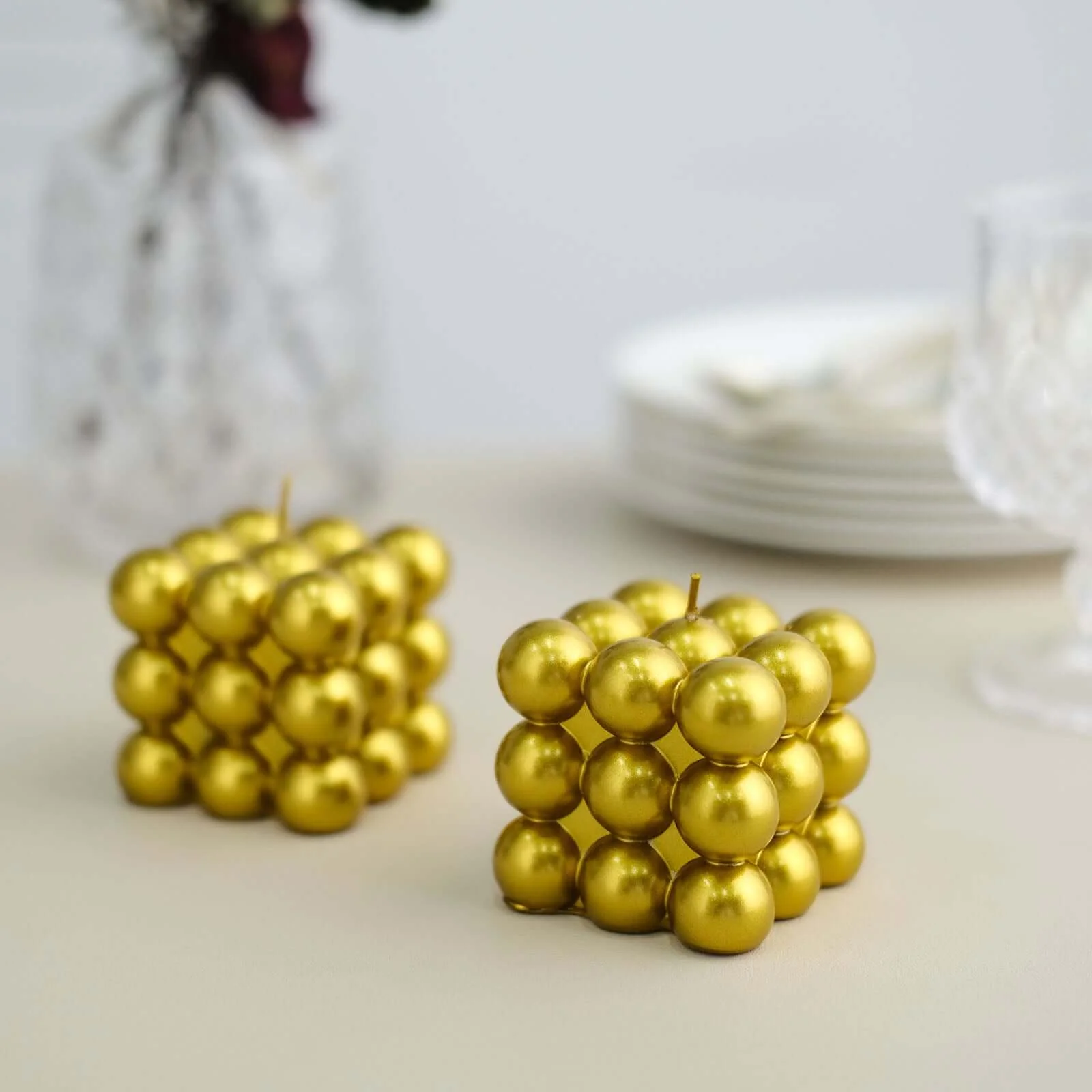 2-Pack Decorative Paraffin Wax Candles 2" Bubble Cube Design Metallic Gold - Unscented Long Burning Pillar Candle Set - Image 11