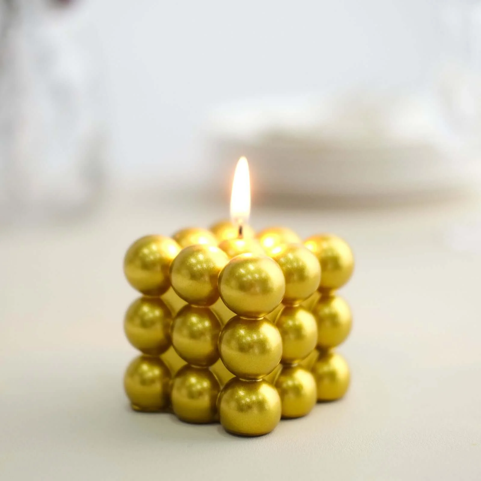 2-Pack Decorative Paraffin Wax Candles 2" Bubble Cube Design Metallic Gold - Unscented Long Burning Pillar Candle Set - Image 12