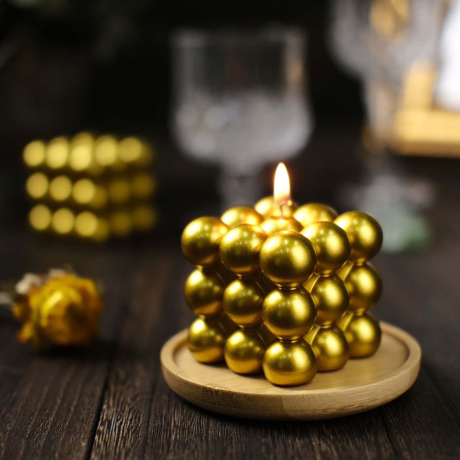2-Pack Decorative Paraffin Wax Candles 2" Bubble Cube Design Metallic Gold - Unscented Long Burning Pillar Candle Set - Image 13