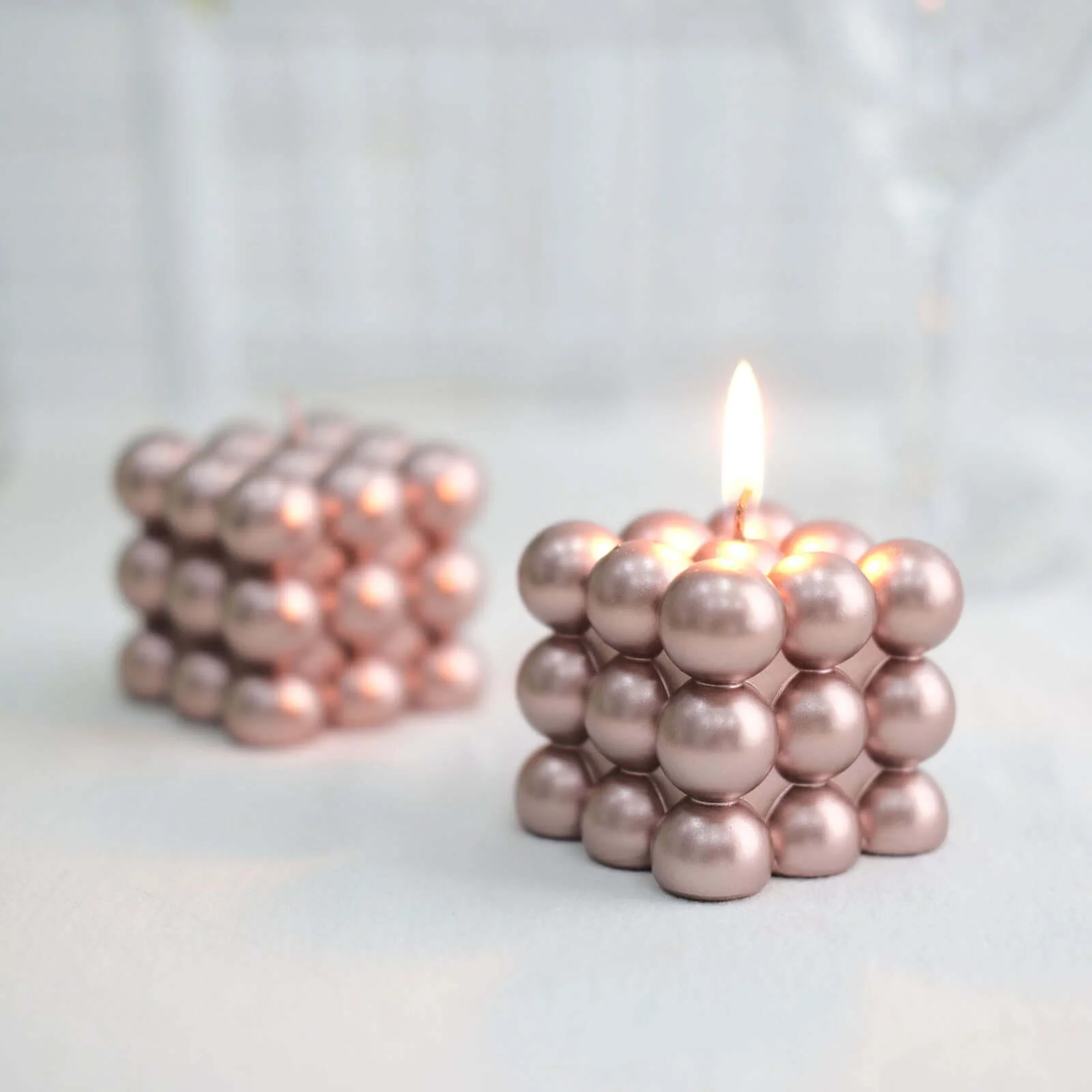 2-Pack Decorative Paraffin Wax Candles 2" Bubble Cube Design Metallic Rose Gold - Unscented Long Burning Pillar Candle Set