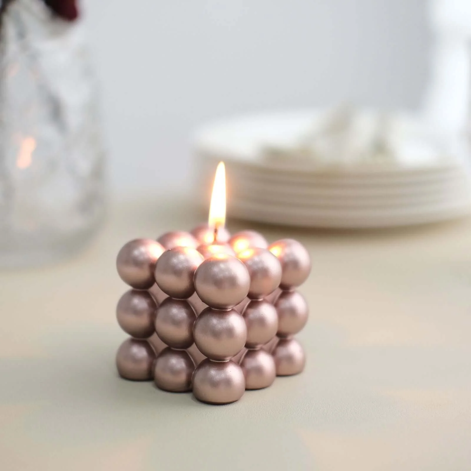2-Pack Decorative Paraffin Wax Candles 2" Bubble Cube Design Metallic Rose Gold - Unscented Long Burning Pillar Candle Set - Image 12