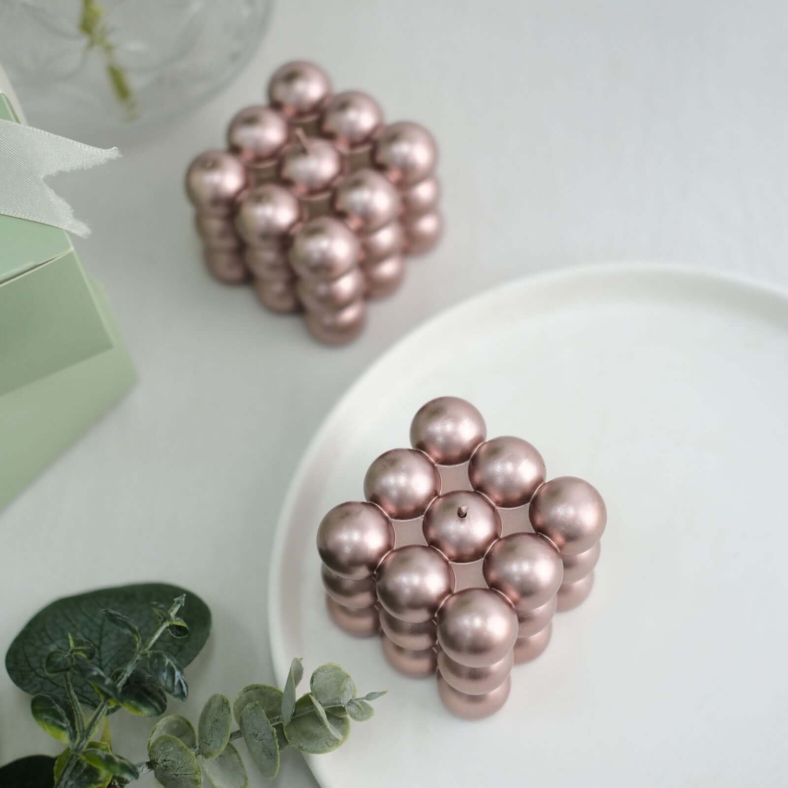 2-Pack Decorative Paraffin Wax Candles 2" Bubble Cube Design Metallic Rose Gold - Unscented Long Burning Pillar Candle Set - Image 2