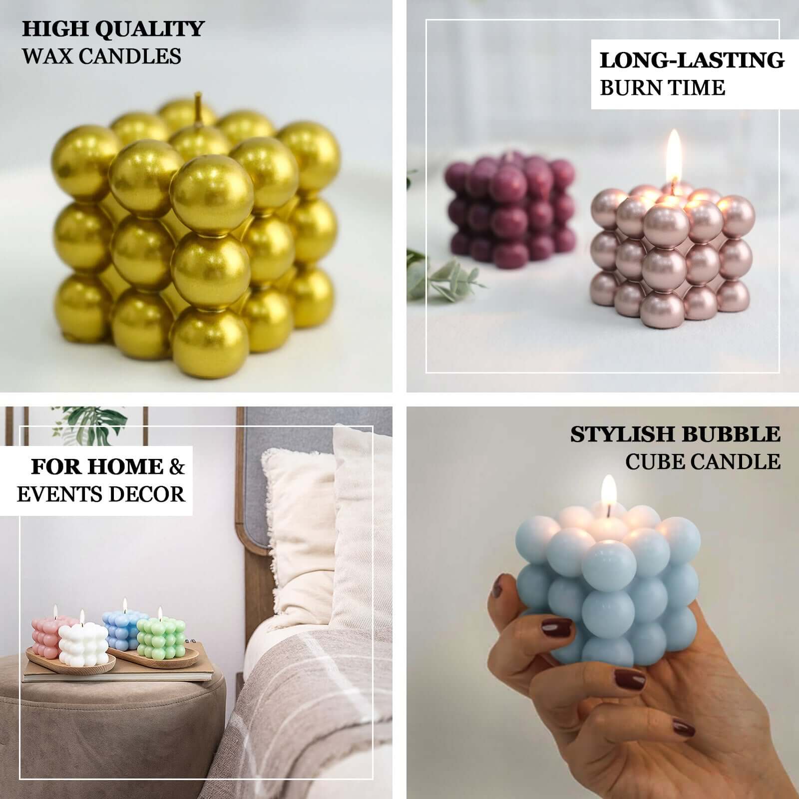 2-Pack Decorative Paraffin Wax Candles 2" Bubble Cube Design Metallic Rose Gold - Unscented Long Burning Pillar Candle Set - Image 4