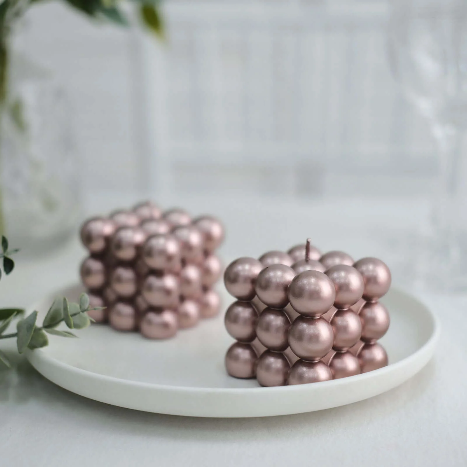 2-Pack Decorative Paraffin Wax Candles 2" Bubble Cube Design Metallic Rose Gold - Unscented Long Burning Pillar Candle Set - Image 9