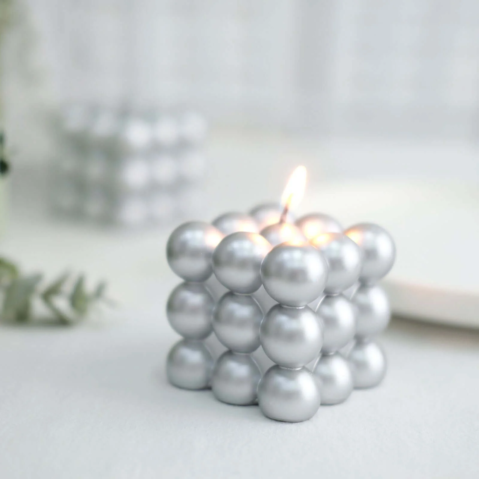 2-Pack Decorative Paraffin Wax Candles 2" Bubble Cube Design Metallic Silver - Unscented Long Burning Pillar Candle Set - Image 11