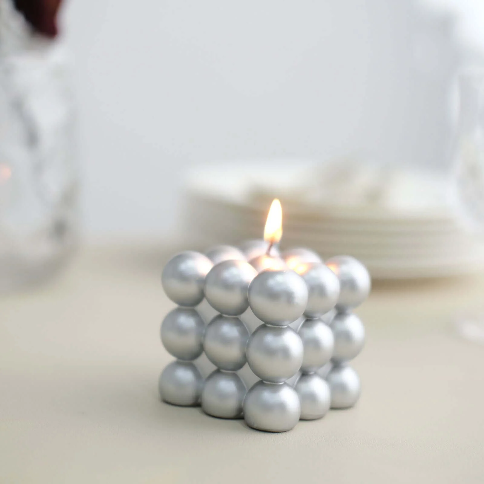 2-Pack Decorative Paraffin Wax Candles 2" Bubble Cube Design Metallic Silver - Unscented Long Burning Pillar Candle Set - Image 12
