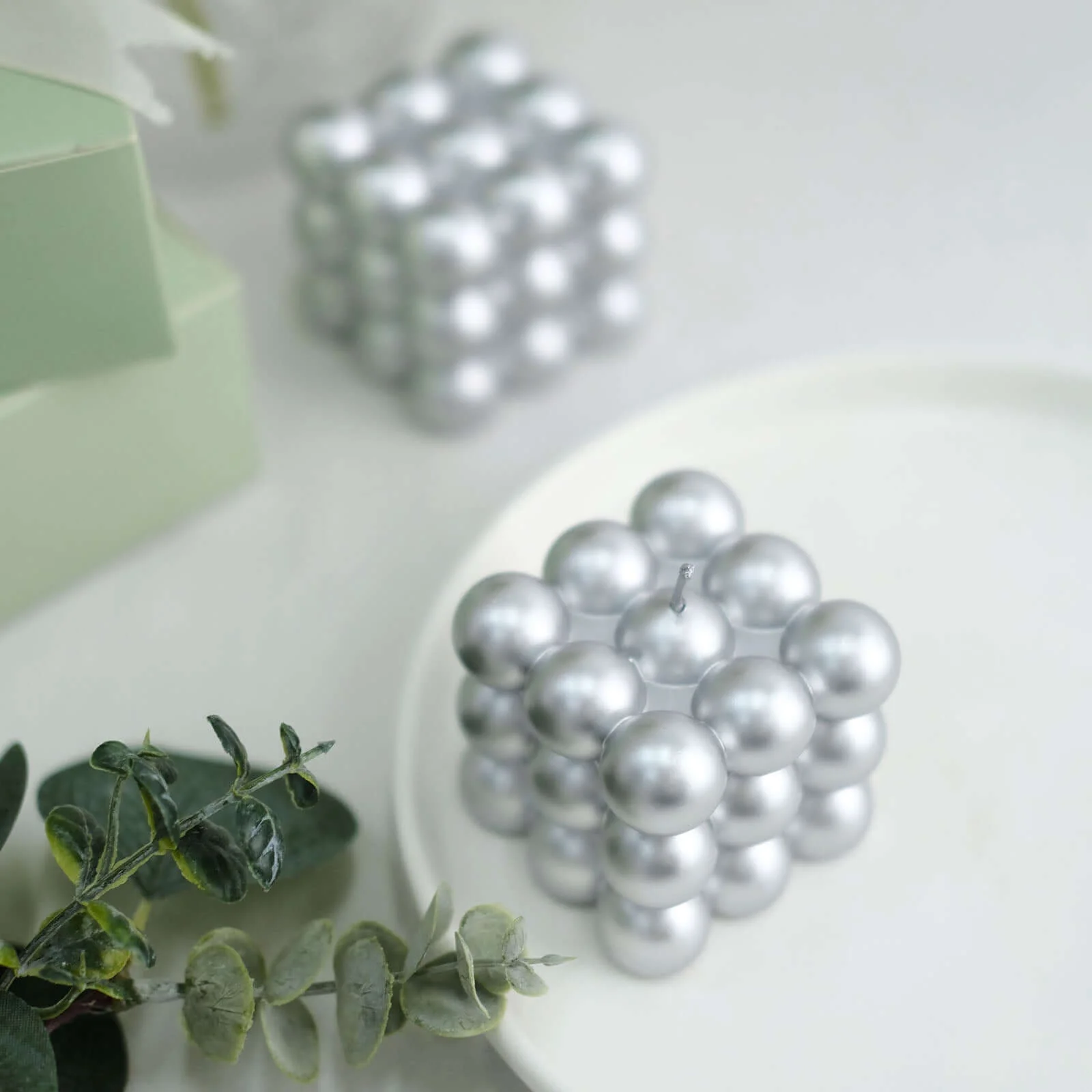 2-Pack Decorative Paraffin Wax Candles 2" Bubble Cube Design Metallic Silver - Unscented Long Burning Pillar Candle Set - Image 2