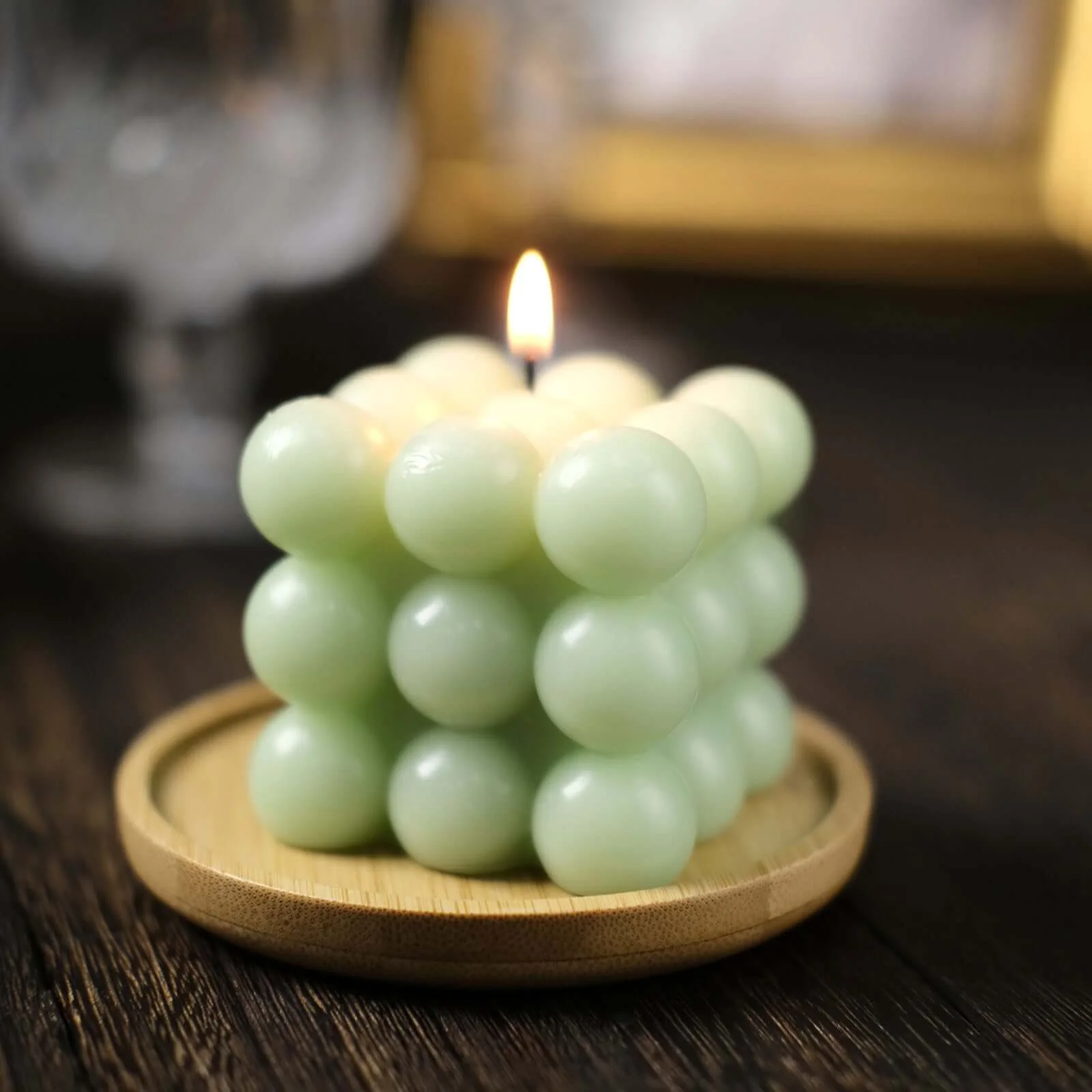 2-Pack Decorative Paraffin Wax Candles 2" Bubble Cube Design Sage Green - Unscented Long Burning Pillar Candle Set - Image 7