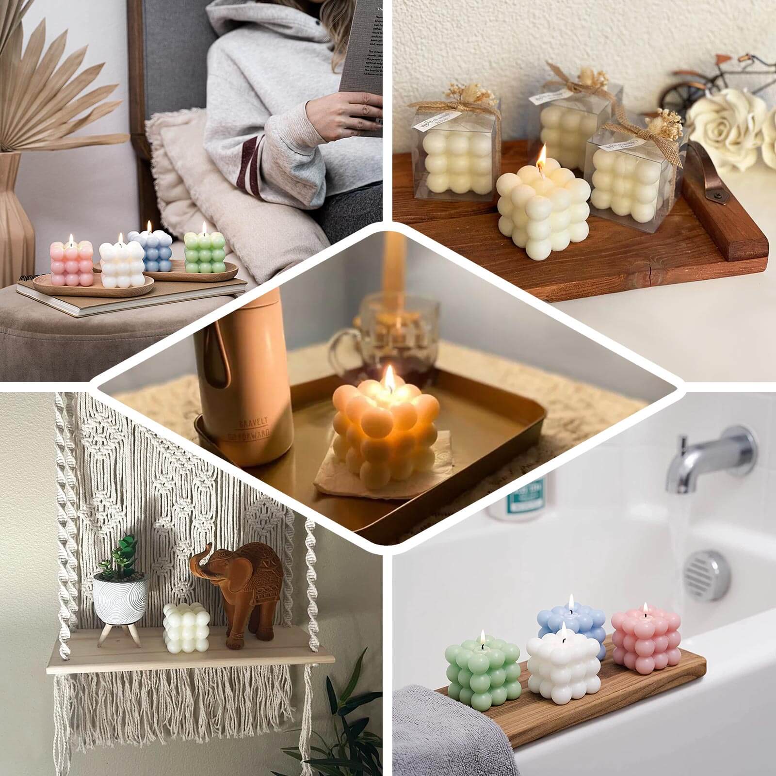 2-Pack Decorative Paraffin Wax Candles 2" Bubble Cube Design White - Unscented Long Burning Pillar Candle Set - Image 5