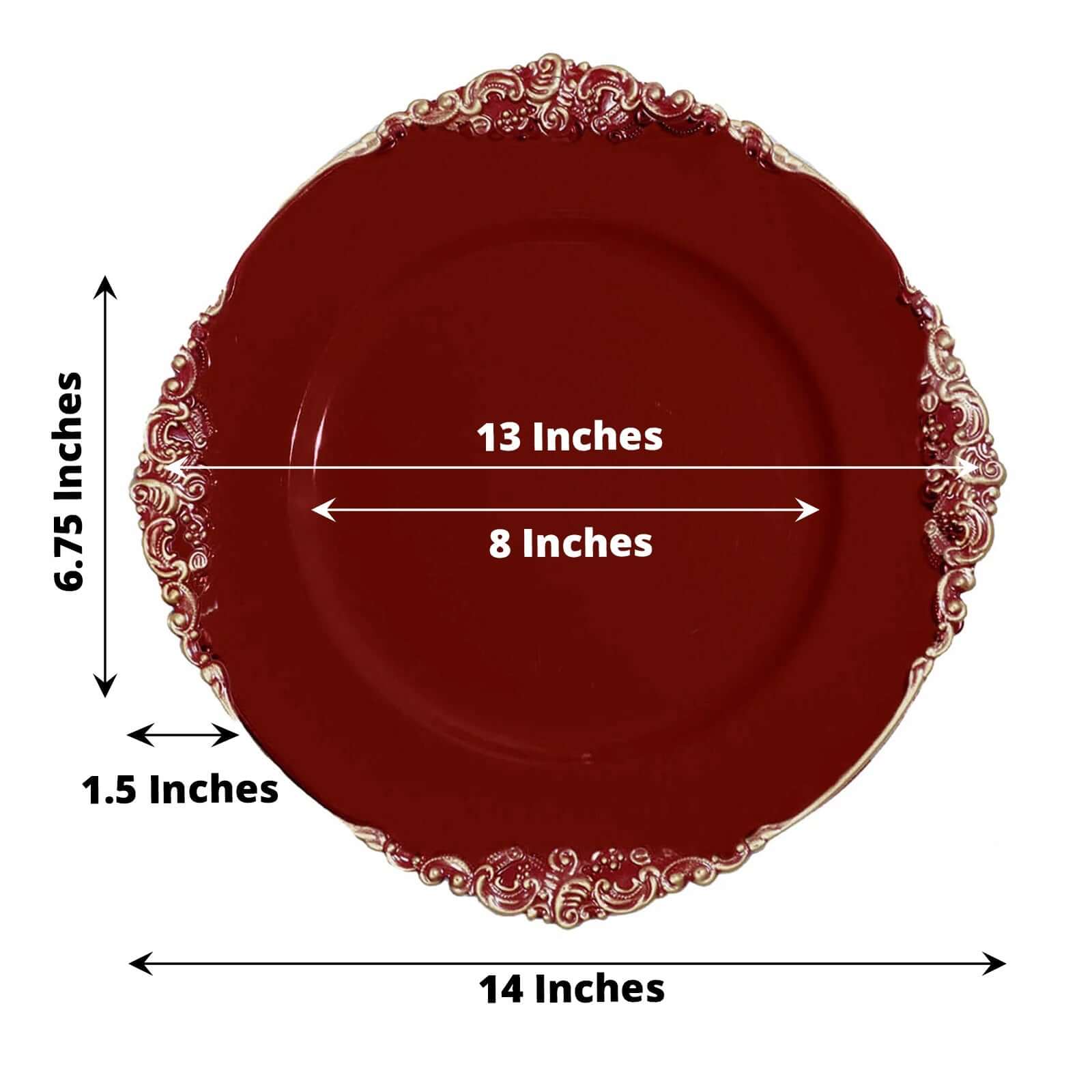 6-Pack Acrylic Charger Plates 13" Round Burgundy with Gold Embossed Baroque Rim - Antique Decorative Dinner Tableware - Image 3