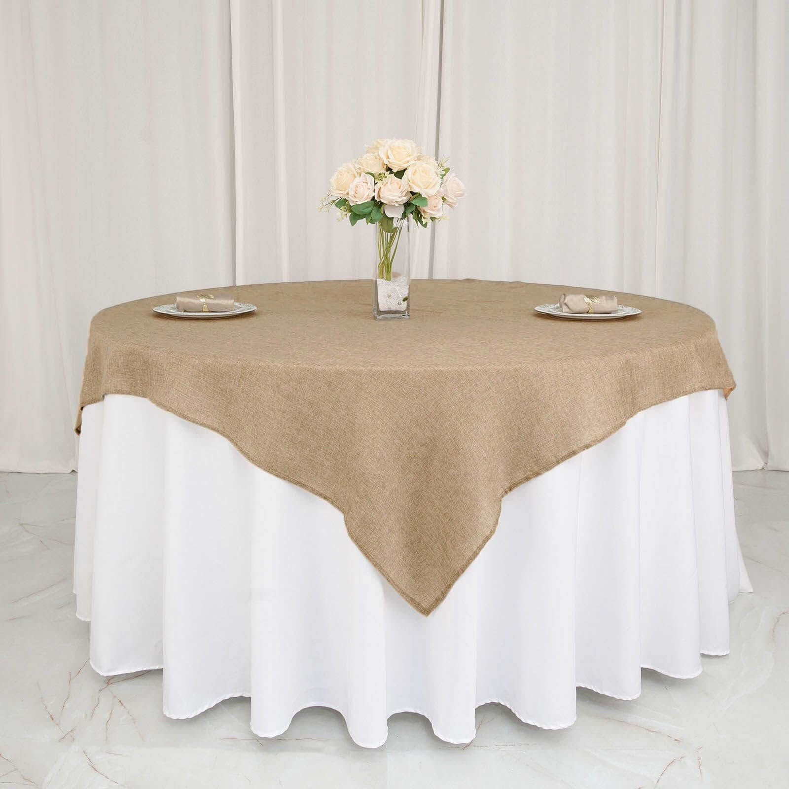 Burlap Faux Jute Table Overlay 72"x72" Natural with Boho Chic Design - Perfect for Rustic Events - Image 6
