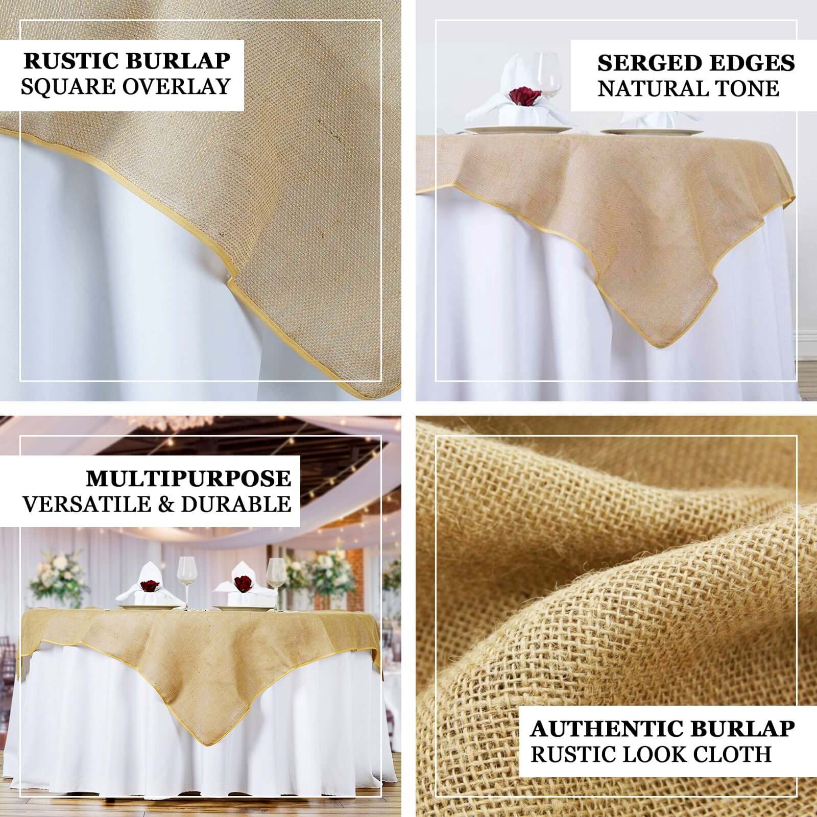 Burlap Jute Square Table Overlay 60"x60" Natural Rustic Design - Perfect for Farmhouse & Vintage Events - Image 4