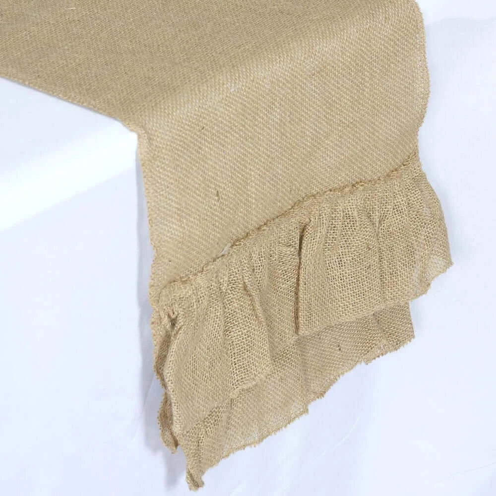 Burlap Jute Table Runner 14"x108" Natural With Ruffled Edges - Rustic Boho Chic Tabletop Decor - Image 2