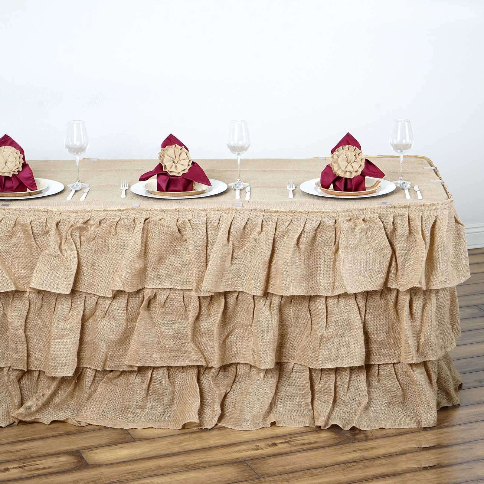 Burlap Table Skirt 17ft Natural 3 Tier Ruffled Design for Rustic Weddings & Country Events