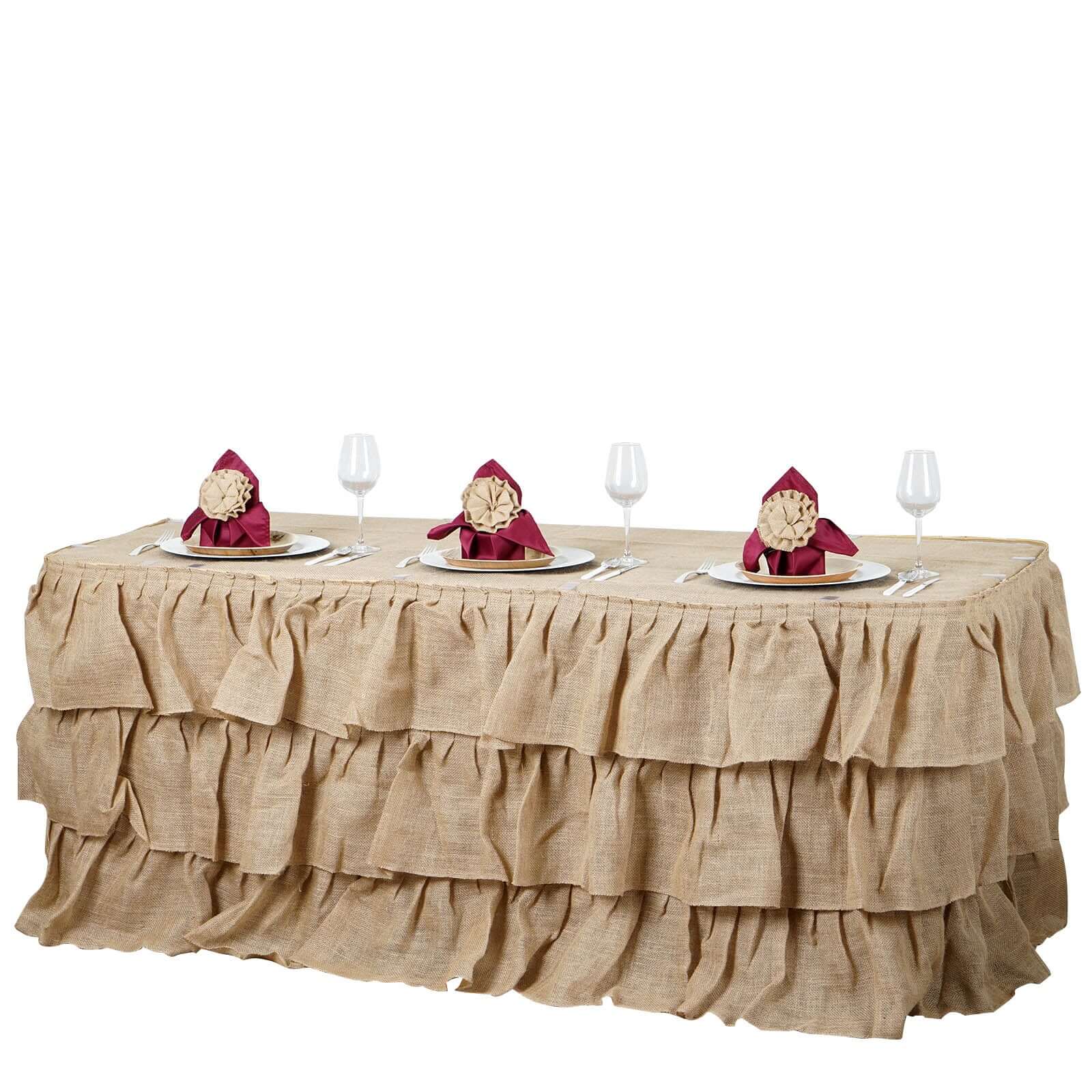 Burlap Table Skirt 17ft Natural 3 Tier Ruffled Design for Rustic Weddings & Country Events - Image 3