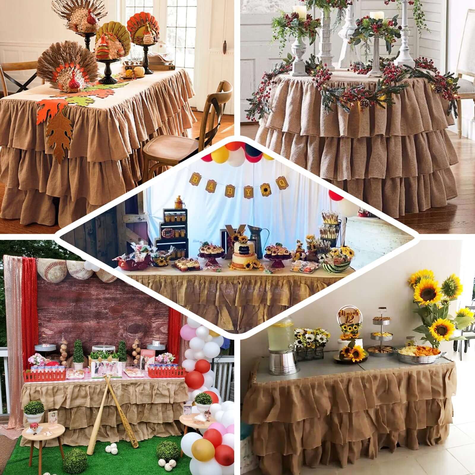 Burlap Table Skirt 17ft Natural 3 Tier Ruffled Design for Rustic Weddings & Country Events - Image 5