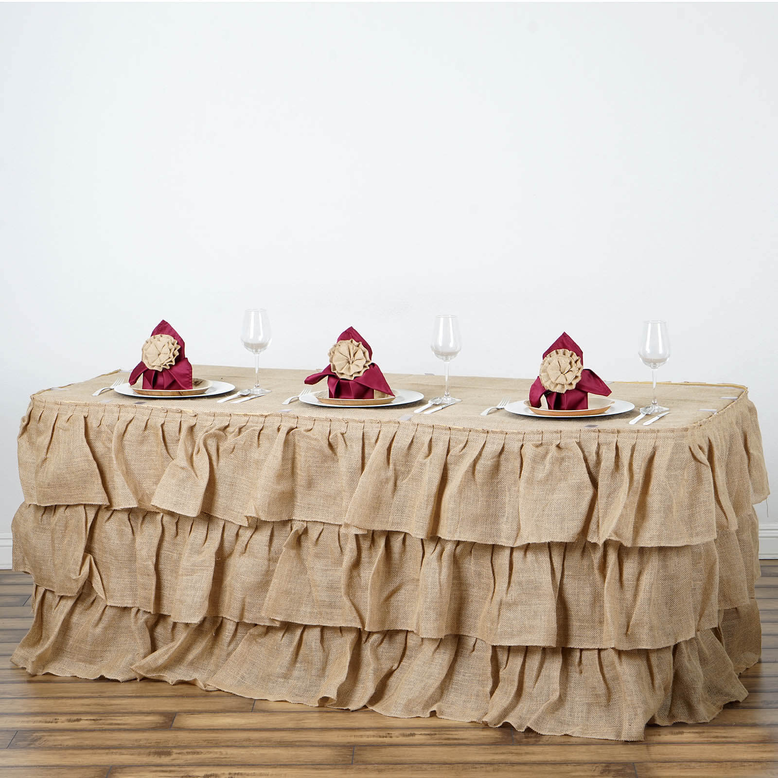 Burlap Table Skirt 21ft Natural 3 Tier Ruffled Design for Rustic Weddings & Country Events