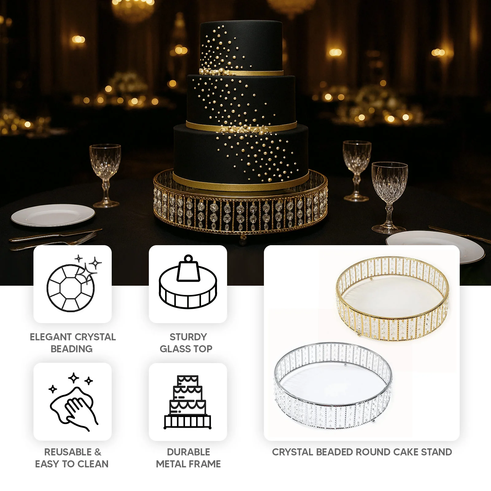 Crystal Cake Stand with Hanging Beads and Glass Top – 18" Round Silver Metal Dessert Display Tray - Image 4