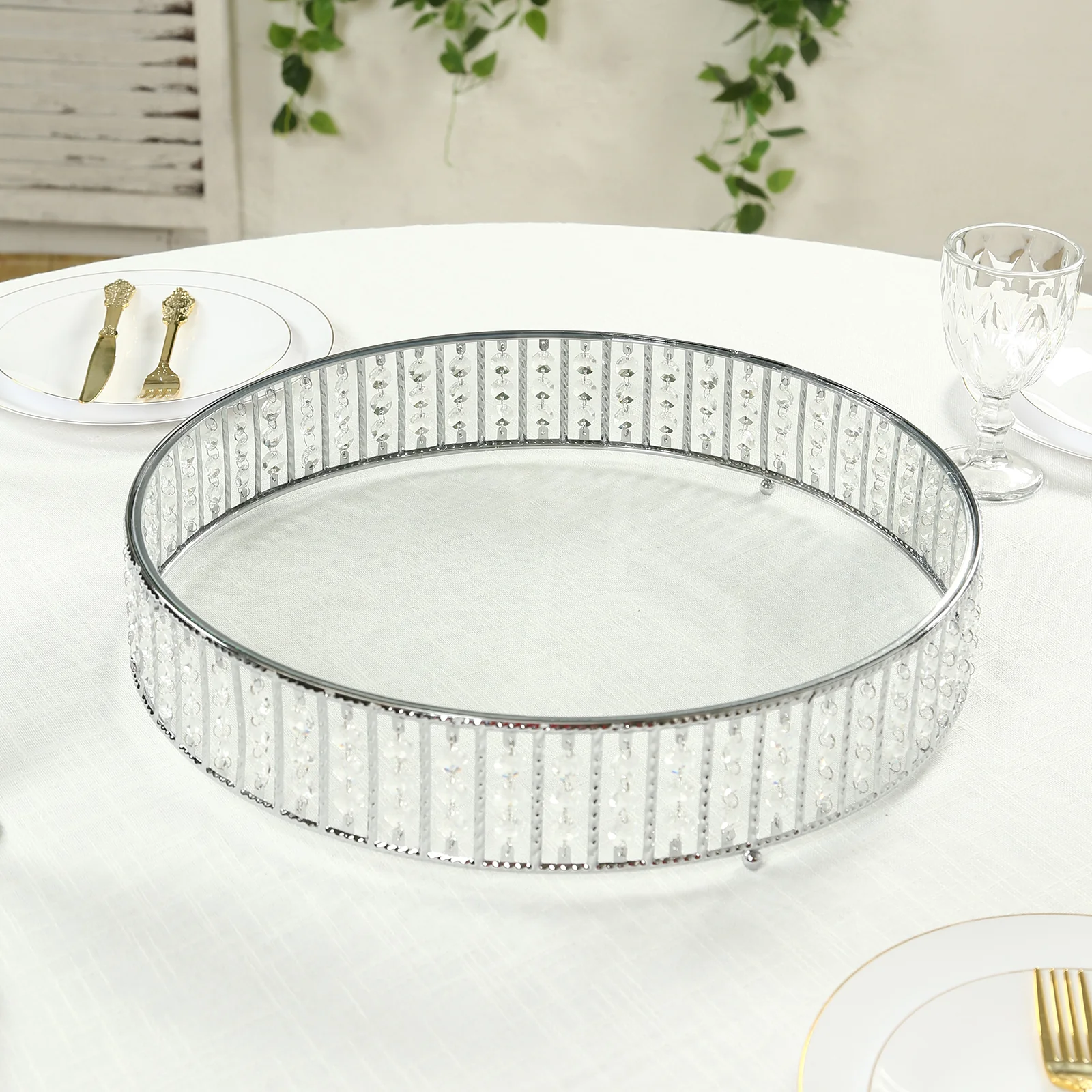 Crystal Cake Stand with Hanging Beads and Glass Top – 18" Round Silver Metal Dessert Display Tray - Image 7