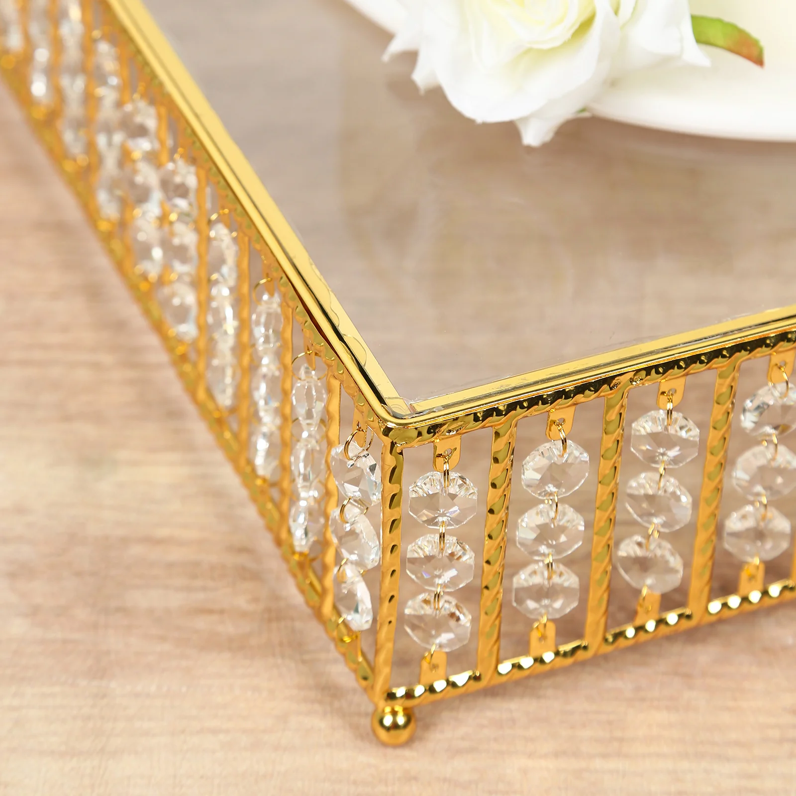 Square Crystal Cake Stand with Hanging Beads and Glass Top – 18" Gold Metal Dessert Display Tray - Image 8