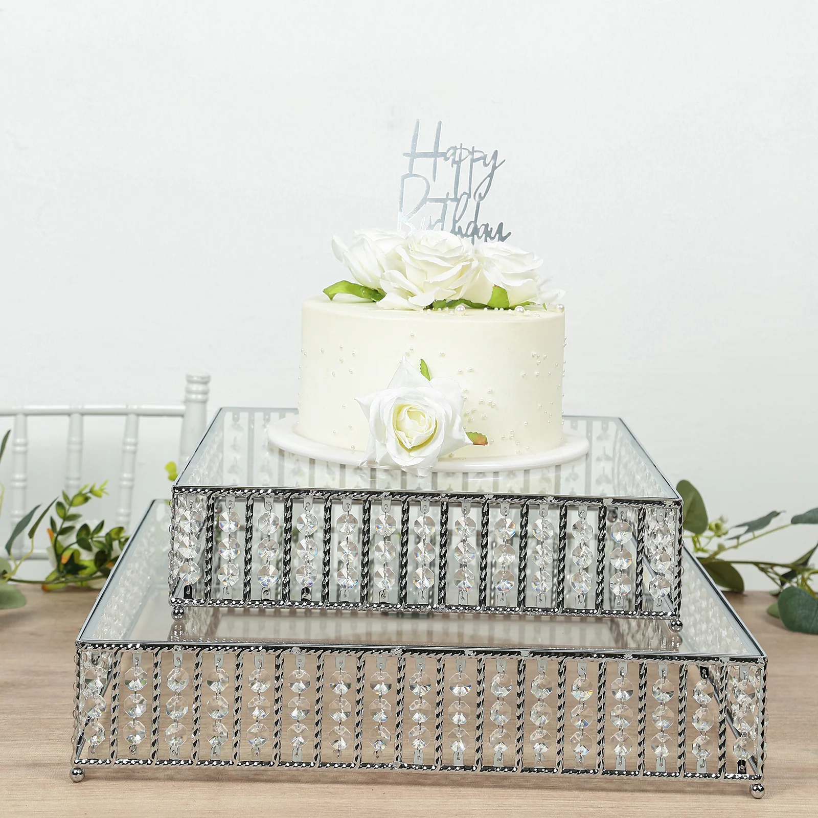Square Crystal Cake Stand with Hanging Beads and Glass Top – 18" Silver Metal Dessert Display Tray - Image 4