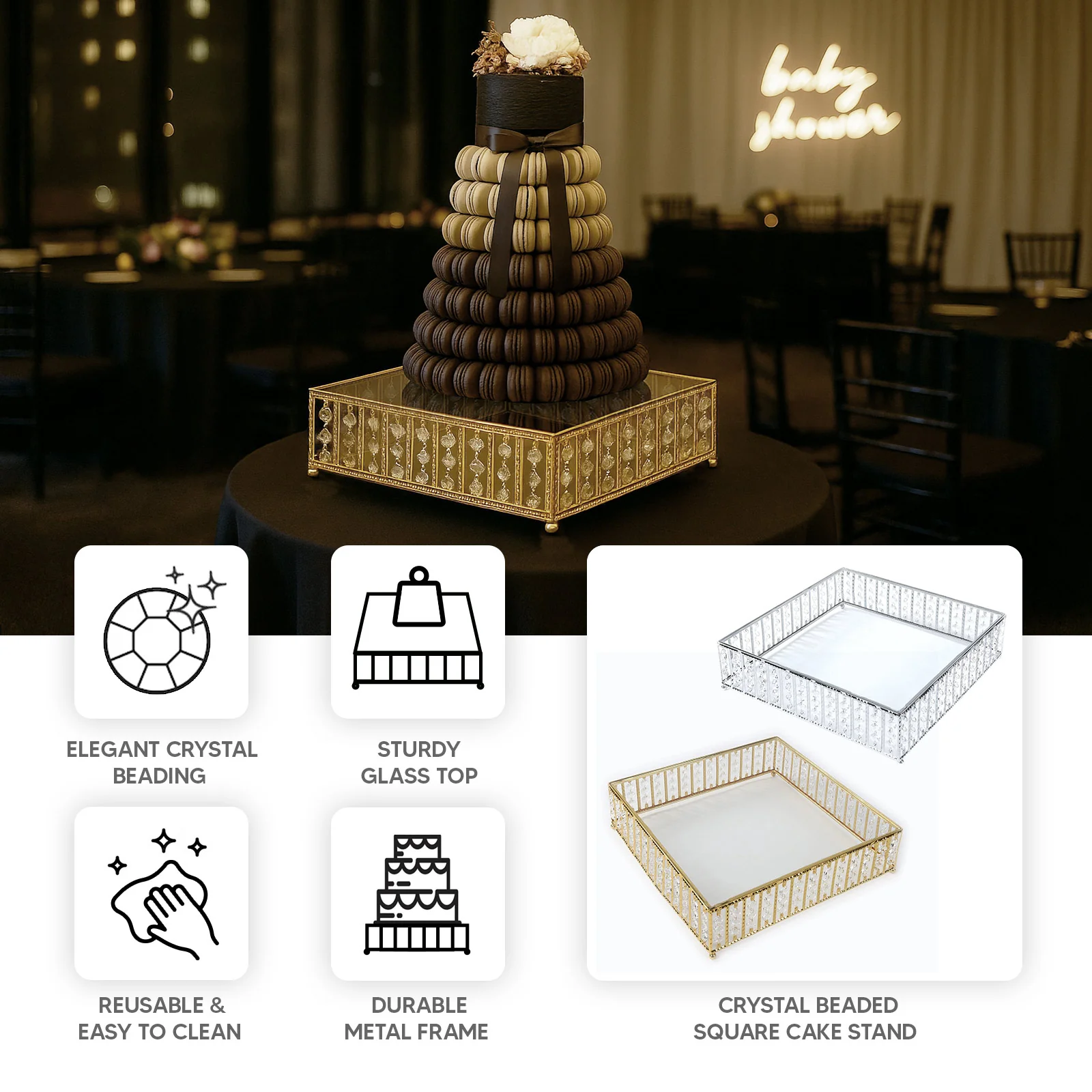 Square Crystal Cake Stand with Hanging Beads and Glass Top – 18" Silver Metal Dessert Display Tray - Image 5