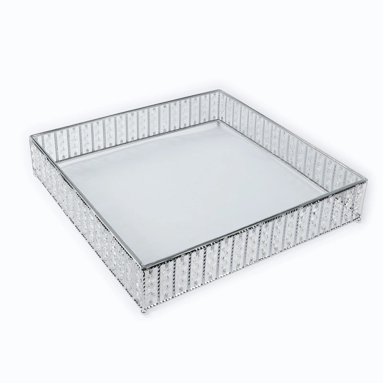 Square Crystal Cake Stand with Hanging Beads and Glass Top – 18" Silver Metal Dessert Display Tray - Image 6