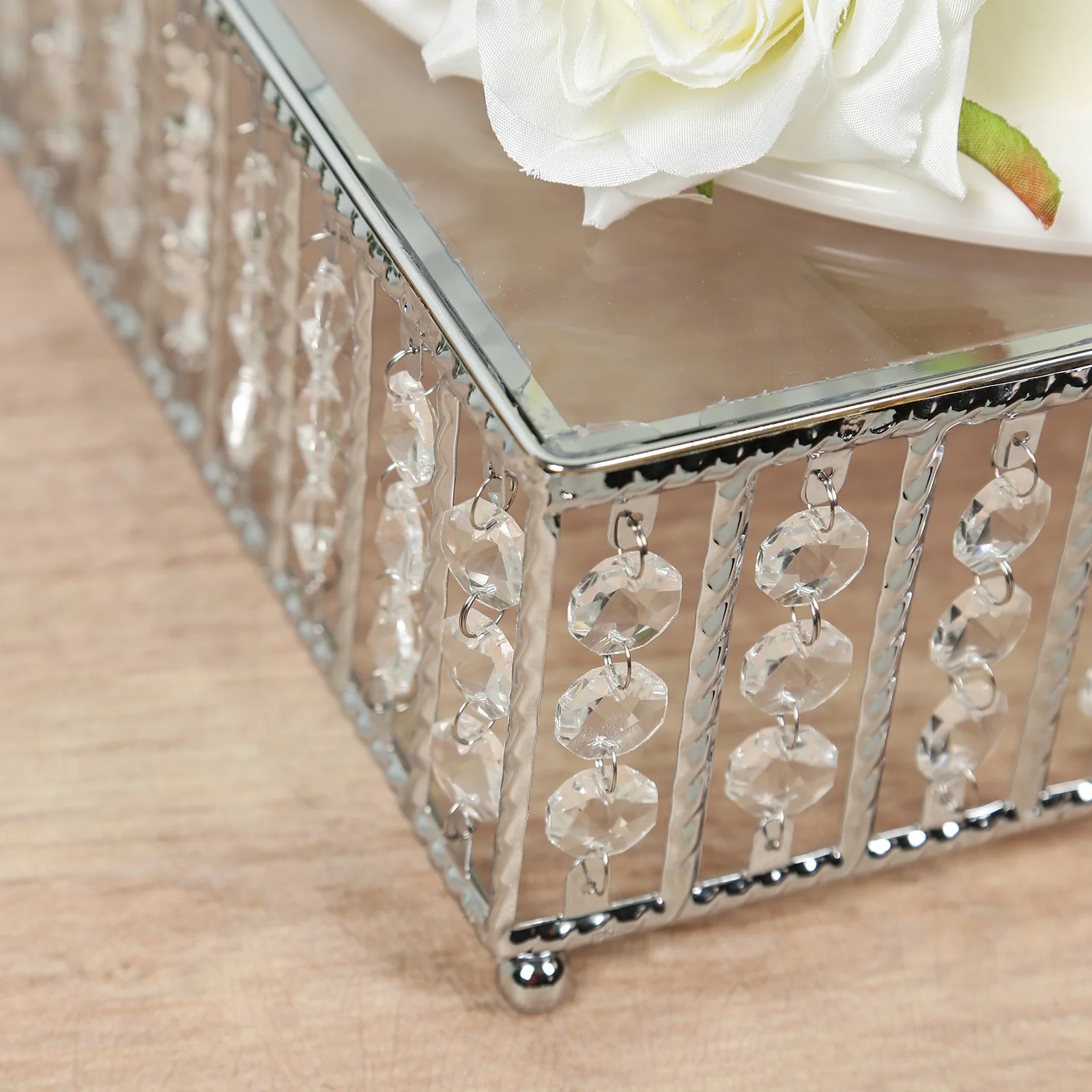 Square Crystal Cake Stand with Hanging Beads and Glass Top – 18" Silver Metal Dessert Display Tray - Image 8
