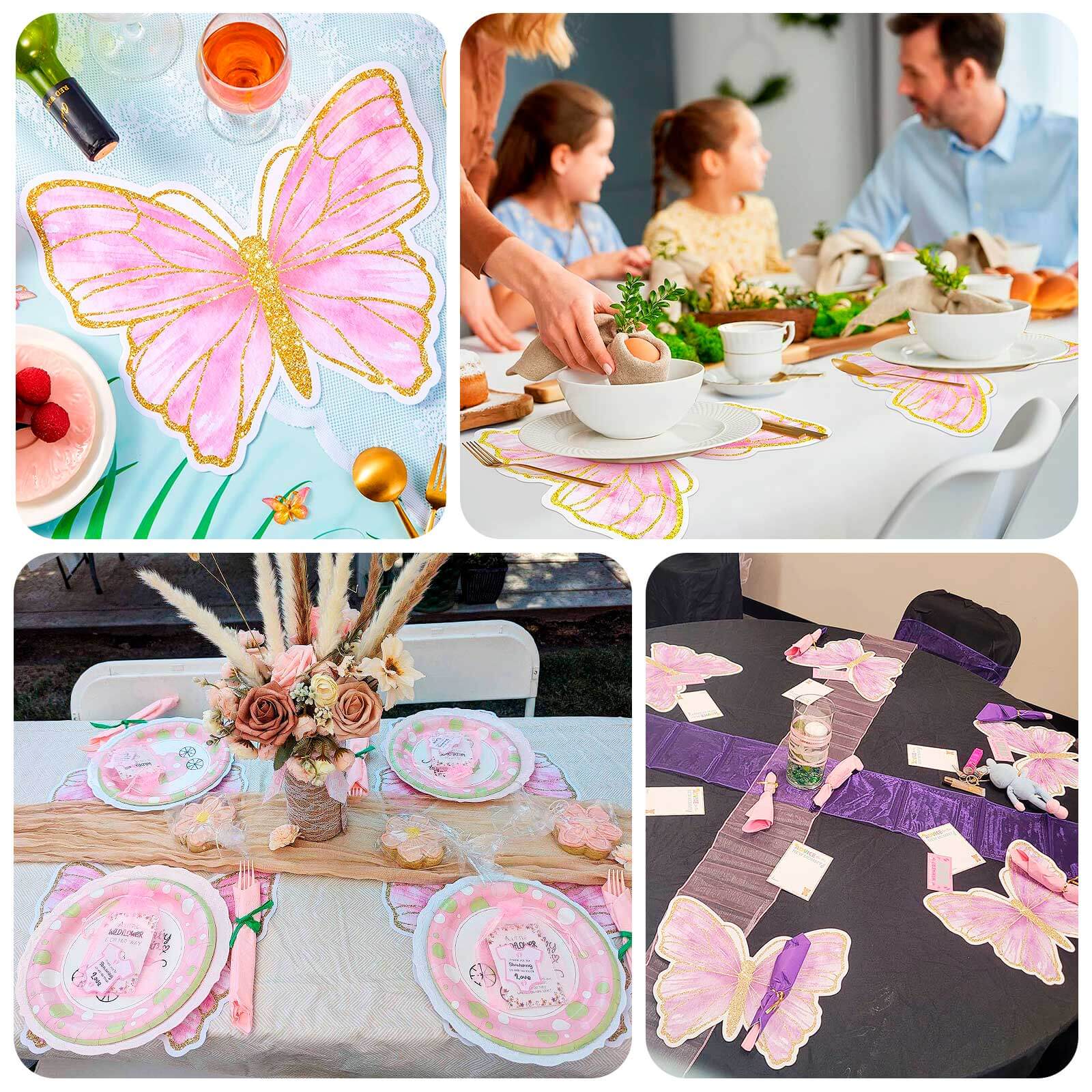 10-Pack Disposable Table Placemats 14" Pink Butterfly Design with Gold Glitters - 400GSM Cardboard Placemats - Image 5